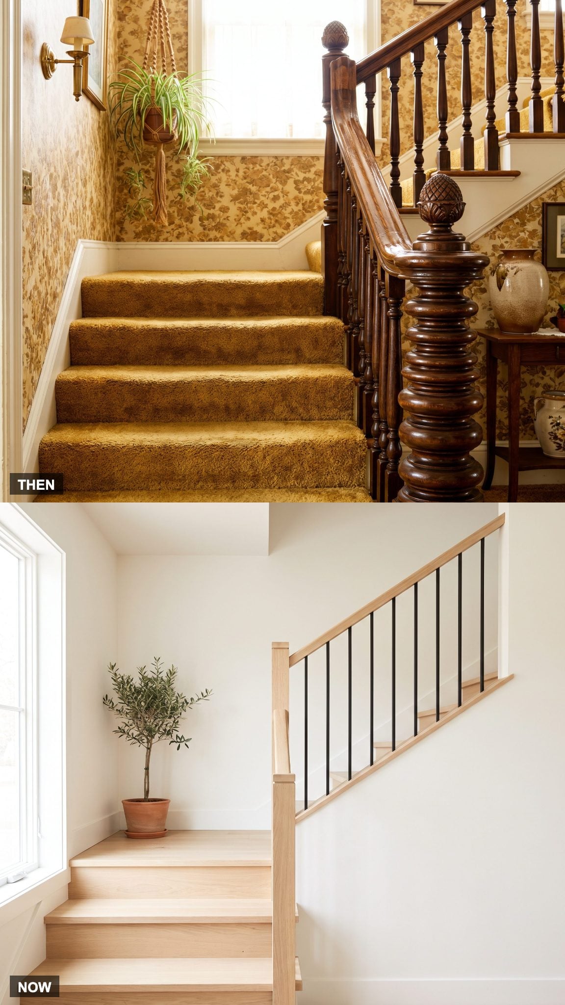 1975: Traditional Wood Balusters → NOW: Simplified Wood, Metal, or Glass Railings