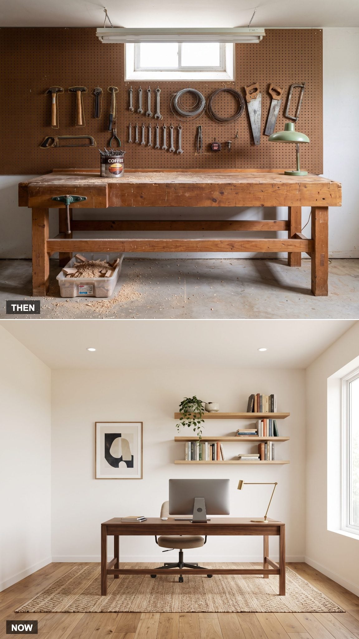 1978: Basement Workshop and Pegboard → NOW: Home Office or Hobby Studio