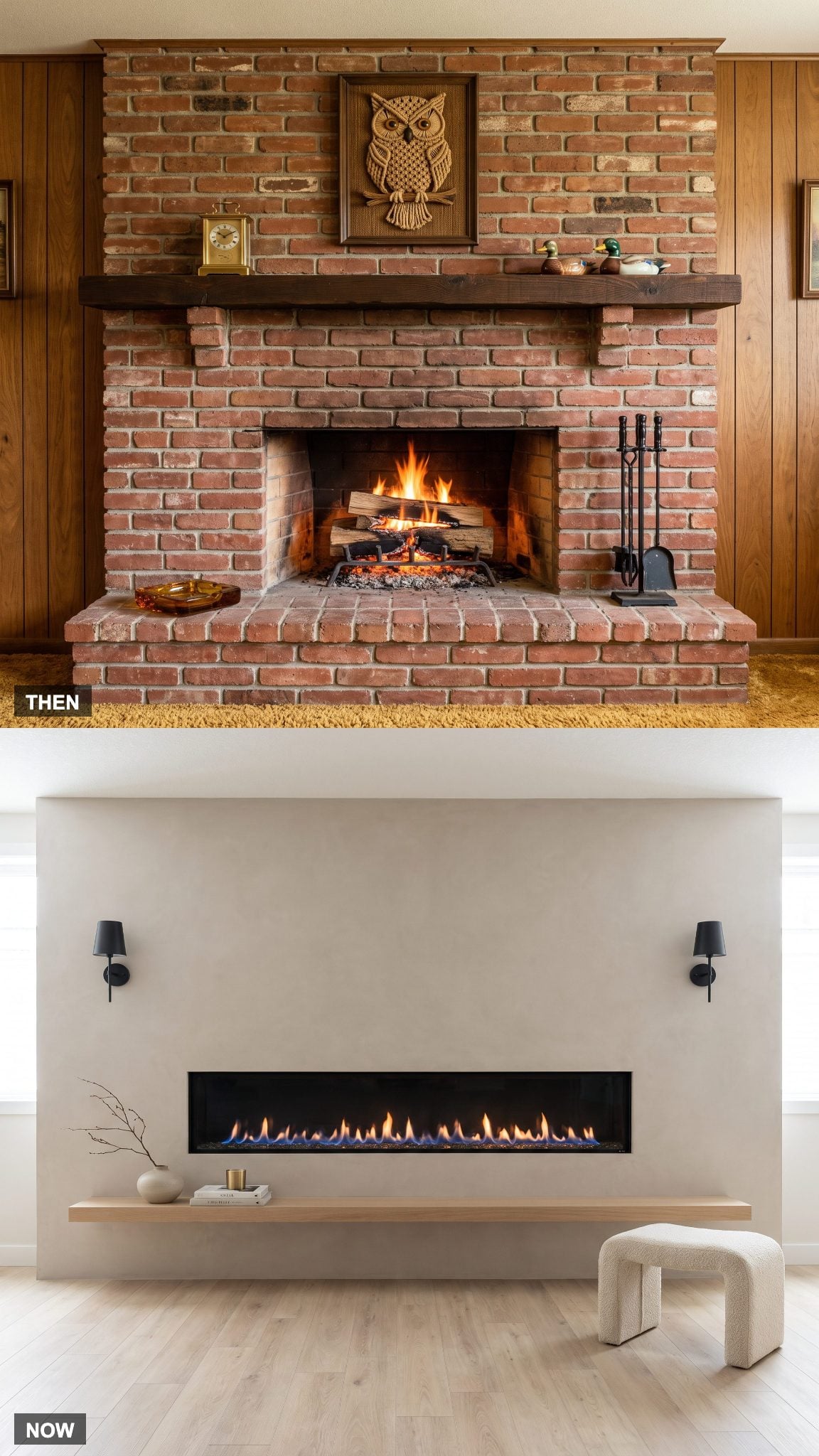 1978: Brick or Stone Fireplace → NOW: Streamlined Gas or Electric Fireplace