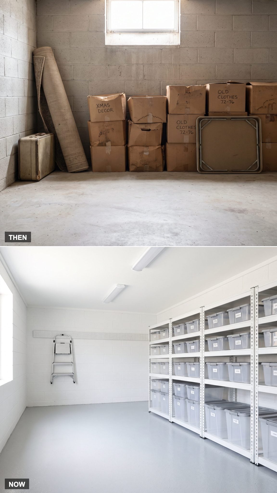 1978: Cardboard Boxes Along the Walls → NOW: Organized Storage Room With Shelving