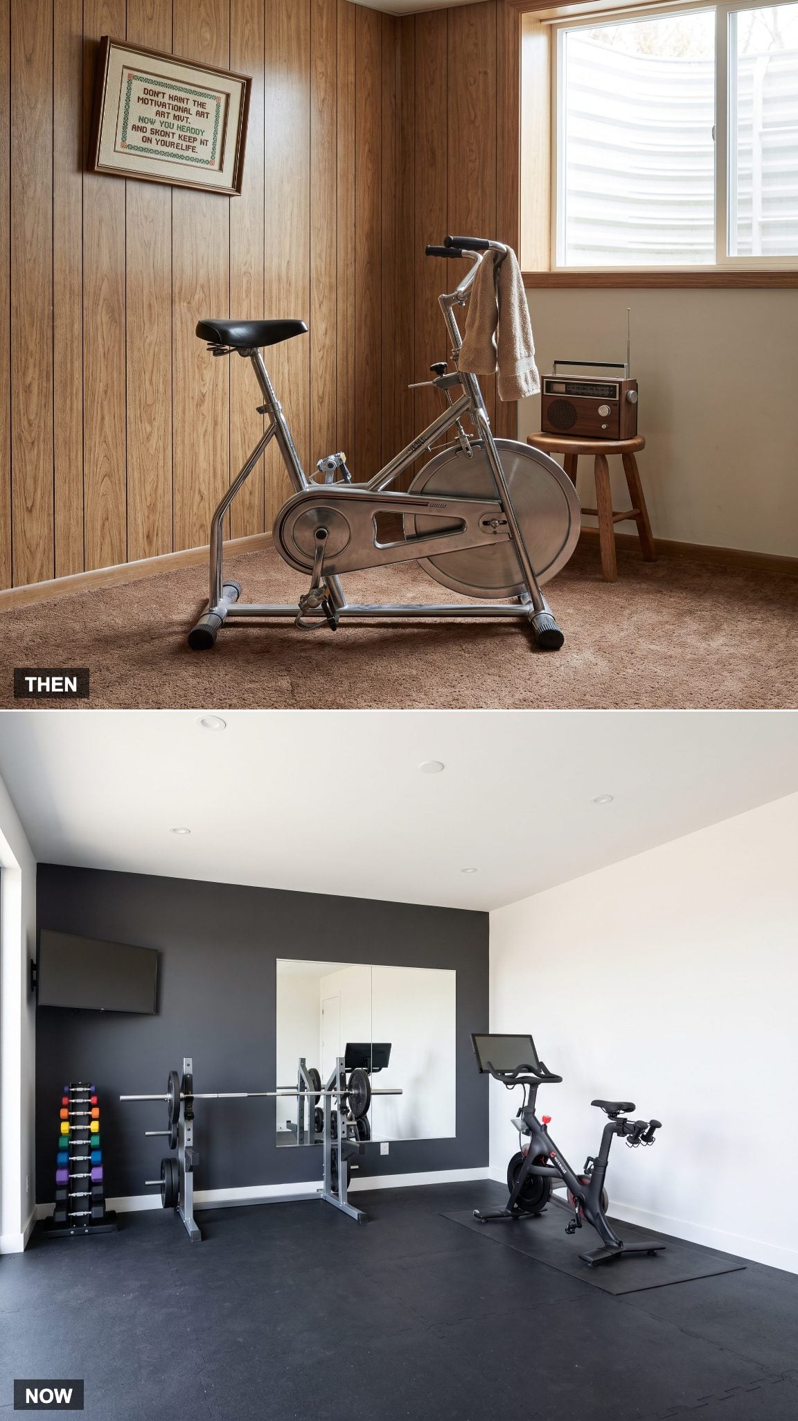 1978: Exercise Bike Tucked Into a Corner → NOW: Purpose-Built Home Gym