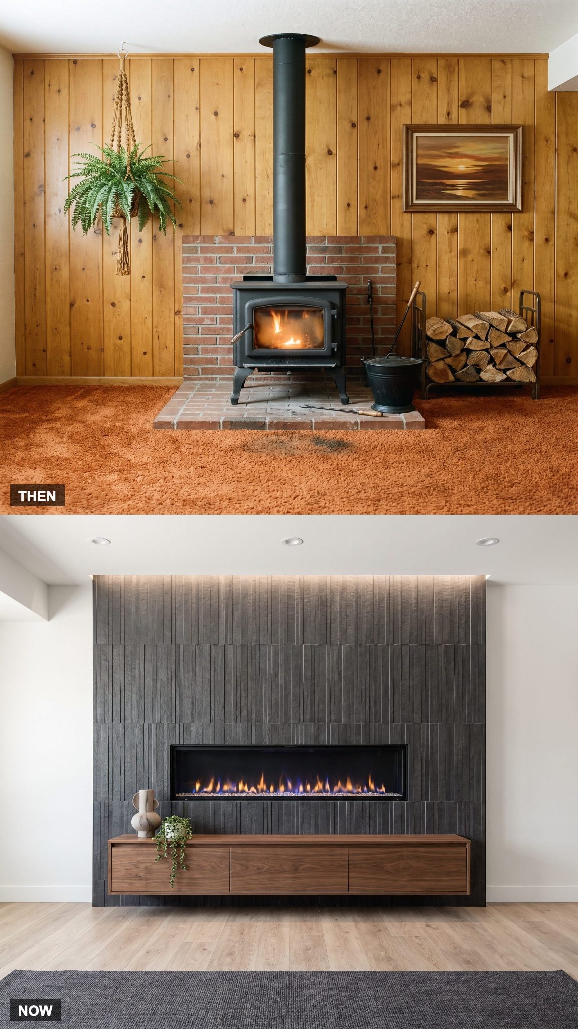 1978: Freestanding Wood Stove → NOW: Modern Fireplace Feature Wall