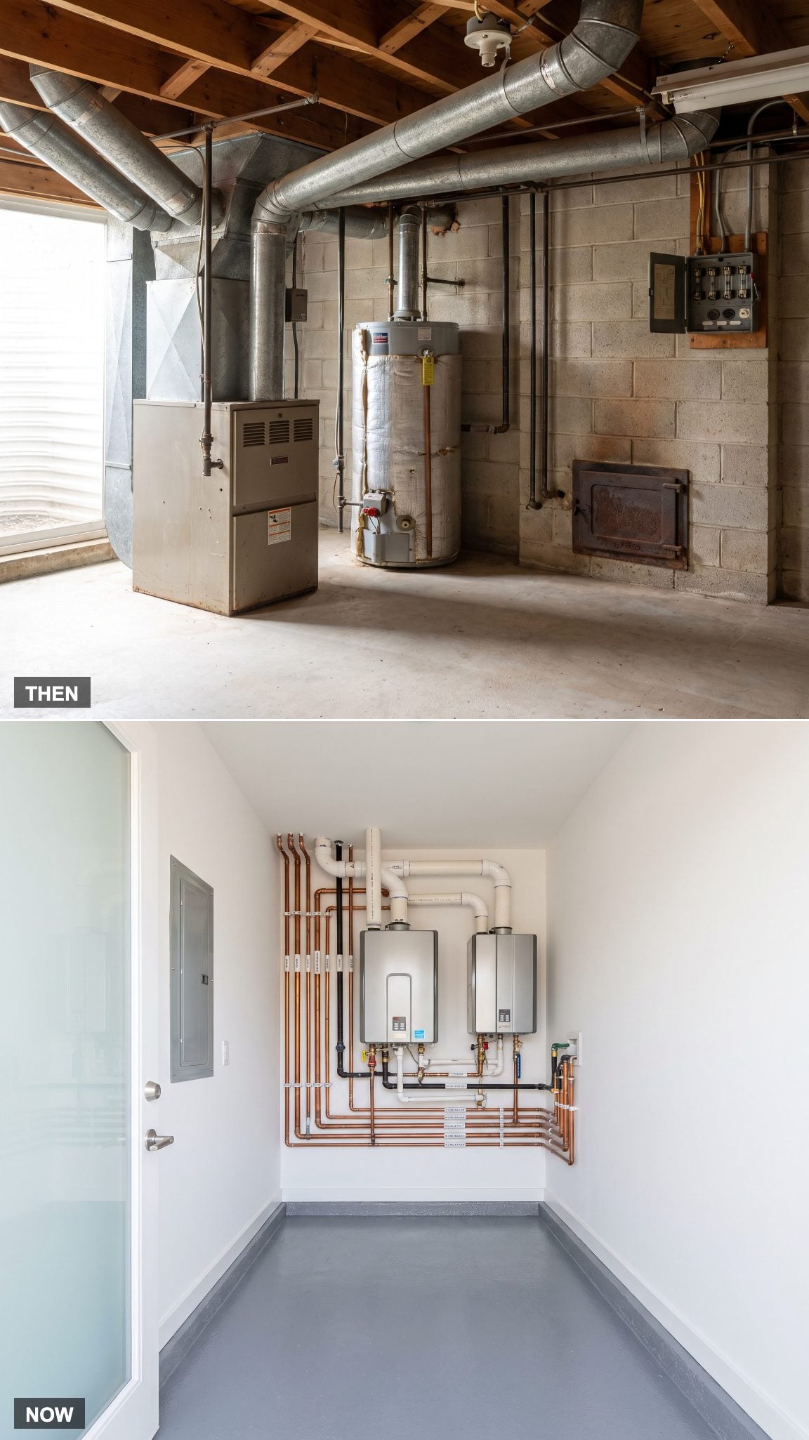 1978: Furnace and Water Heater in Plain Sight → NOW: Dedicated Mechanical Room