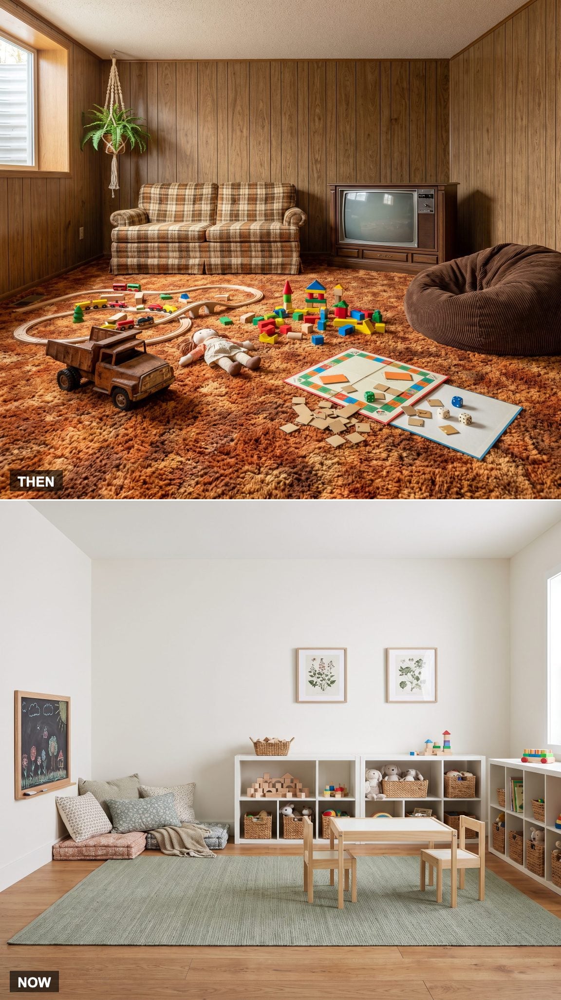 1978: Kids' Toys Spread Across the Rec Room → NOW: Dedicated Playroom