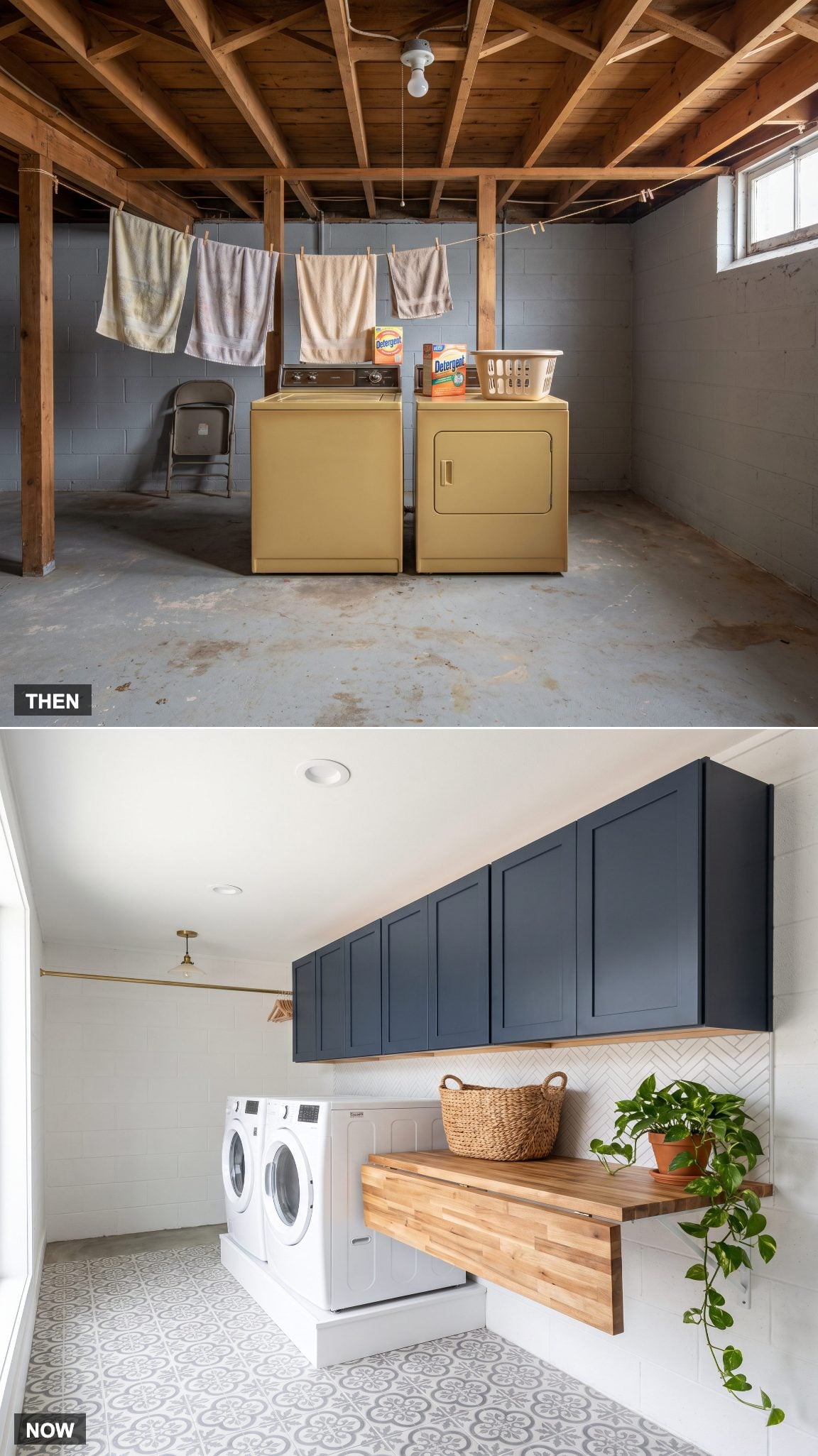 1978: Laundry Equipment Out in the Open → NOW: Finished Laundry Room