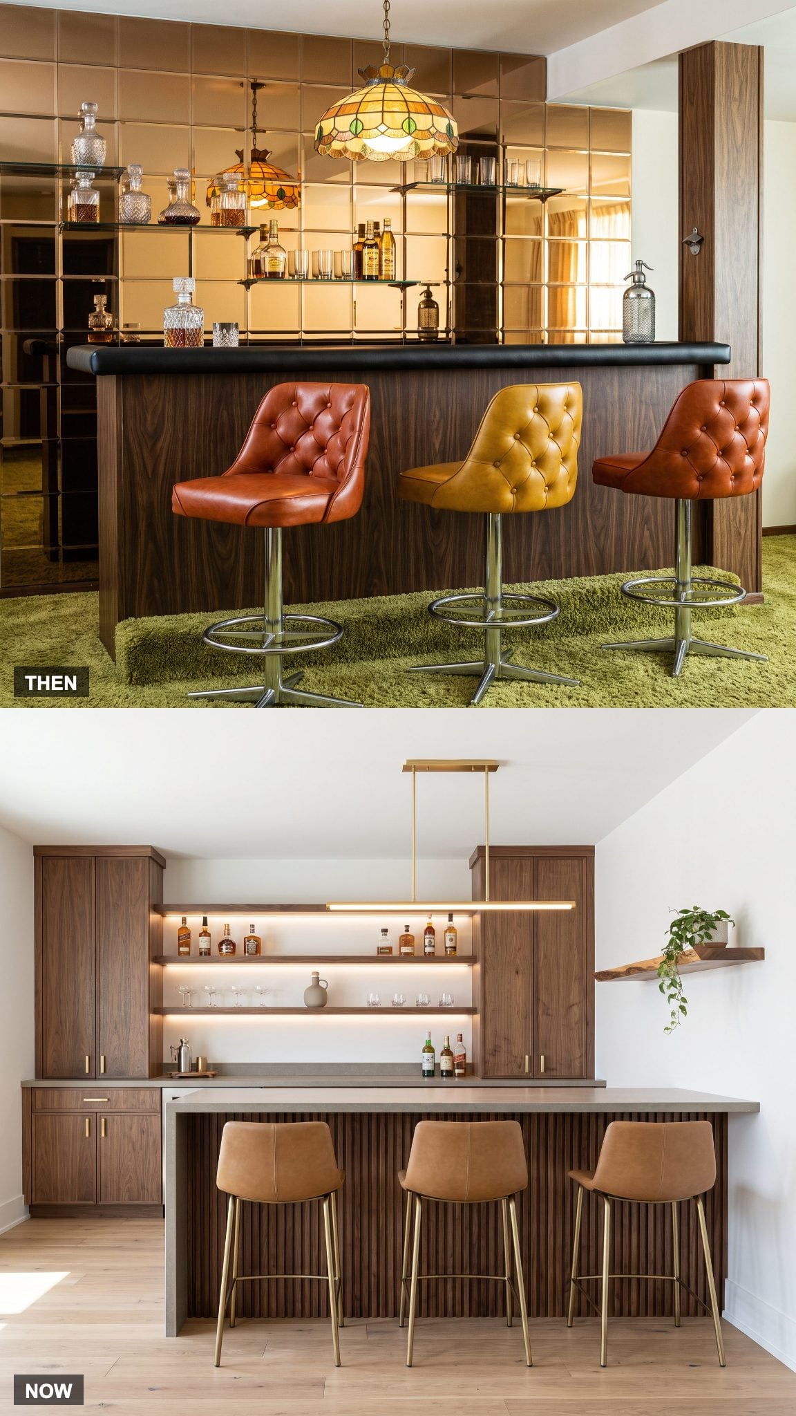 1978: Mirrored Bar Shelves and Vinyl Stools vs. NOW: Integrated Cabinetry and Counter Seating