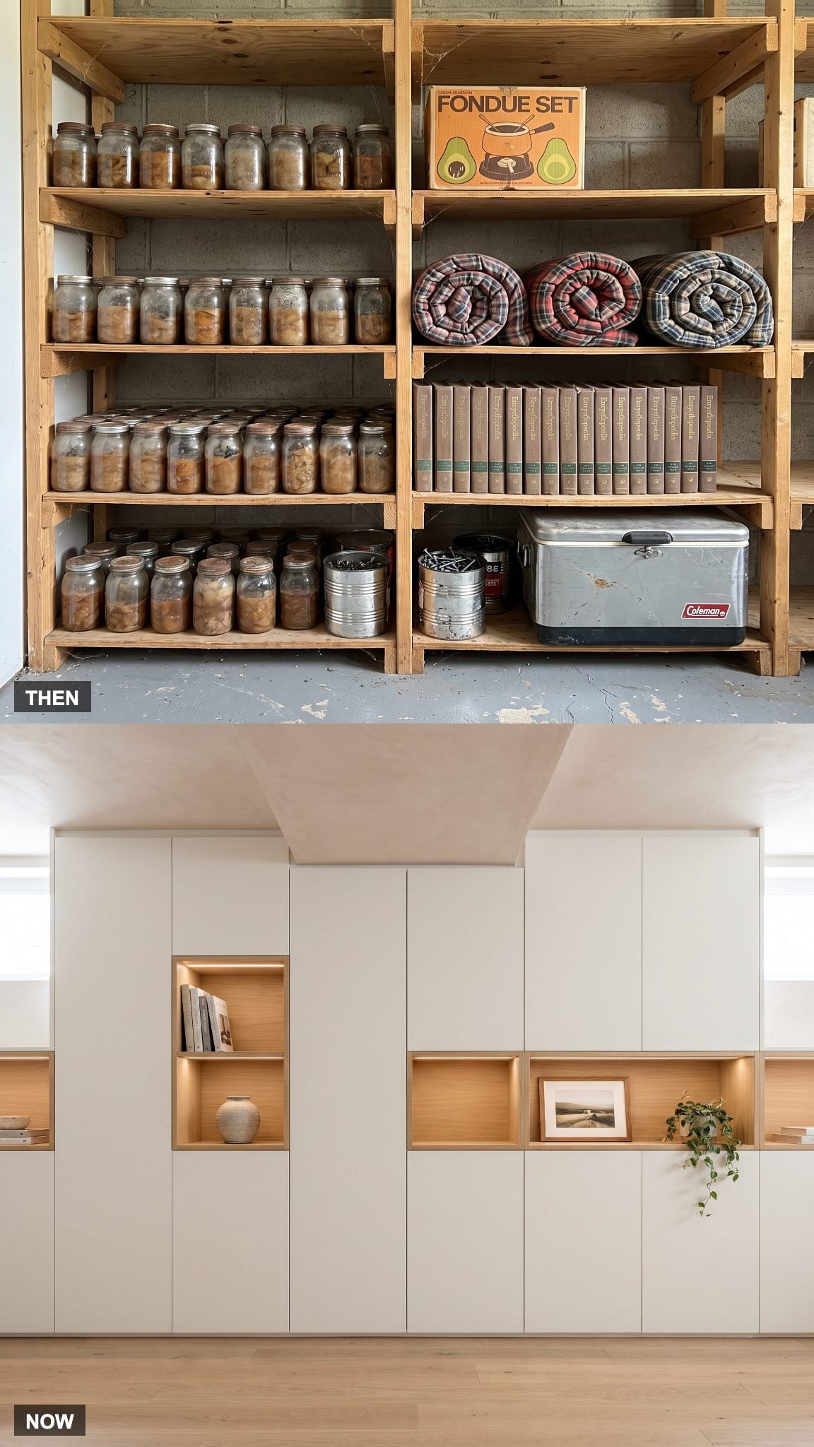 1978: Open Shelves Stacked With Household Overflow → NOW: Built-In or Concealed Storage
