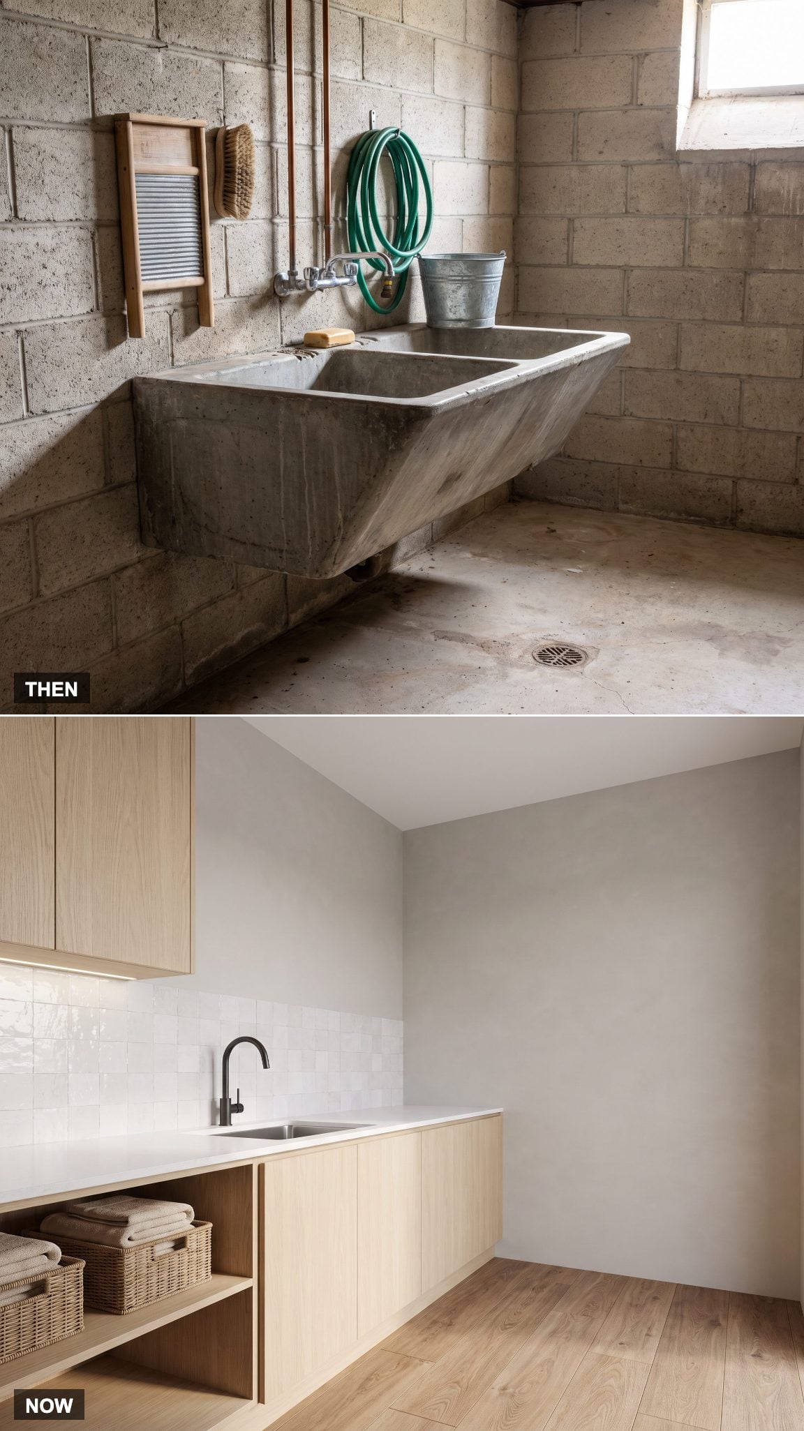 1978: Utility Sink Beside the Washer → NOW: Cabinetry, Countertop, and Integrated Laundry Sink