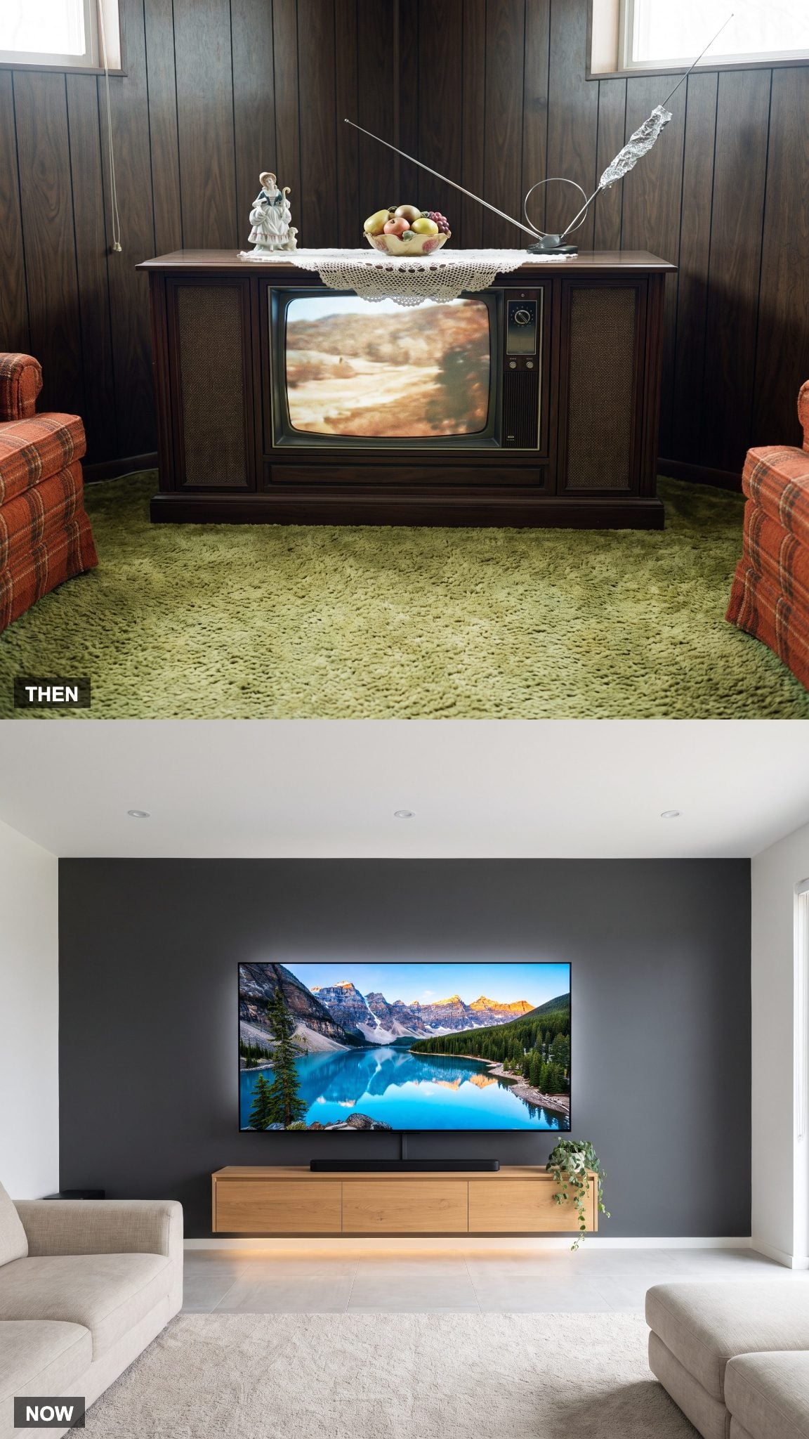 1978: The Wood-Console TV vs. NOW: The Wall-Mounted Big Screen
