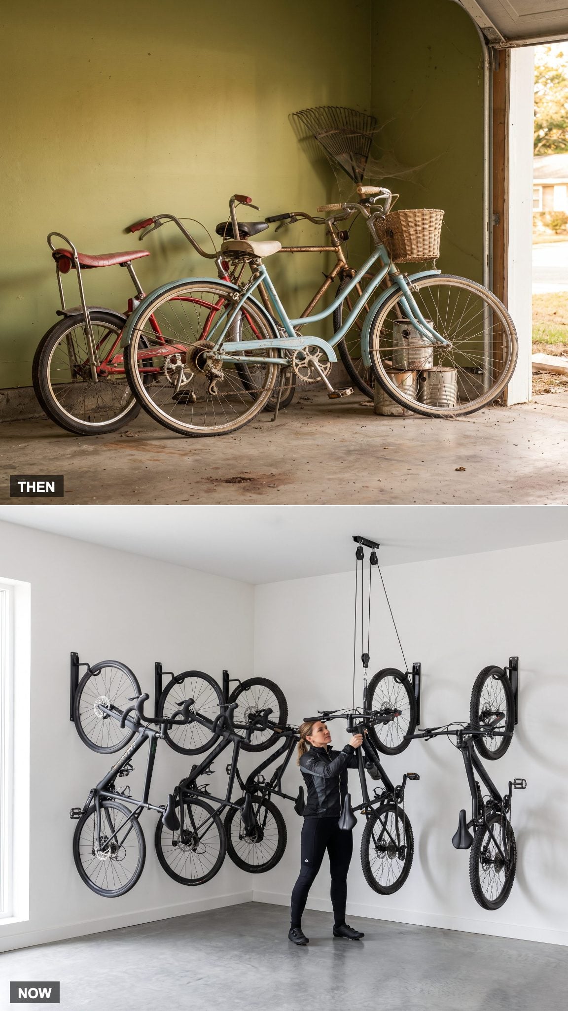 1980: Bikes Leaning Against Everything → NOW: Wall- or Ceiling-Mounted Bike Storage