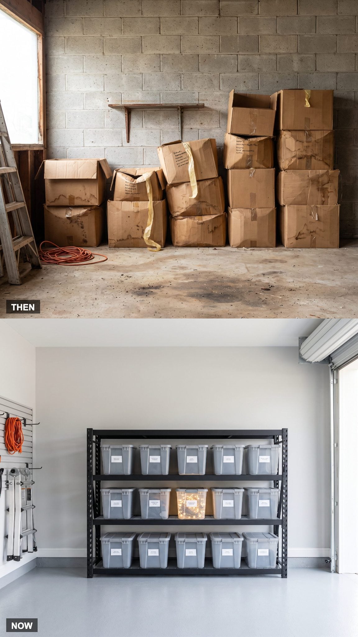 1980: Cardboard Boxes Stacked Against the Wall → NOW: Matching Storage Bins on Racks