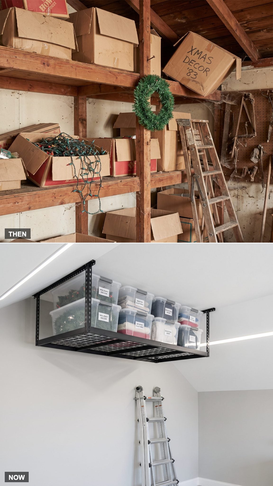 1980: Christmas in Mystery Boxes → NOW: Labeled Bins Overhead