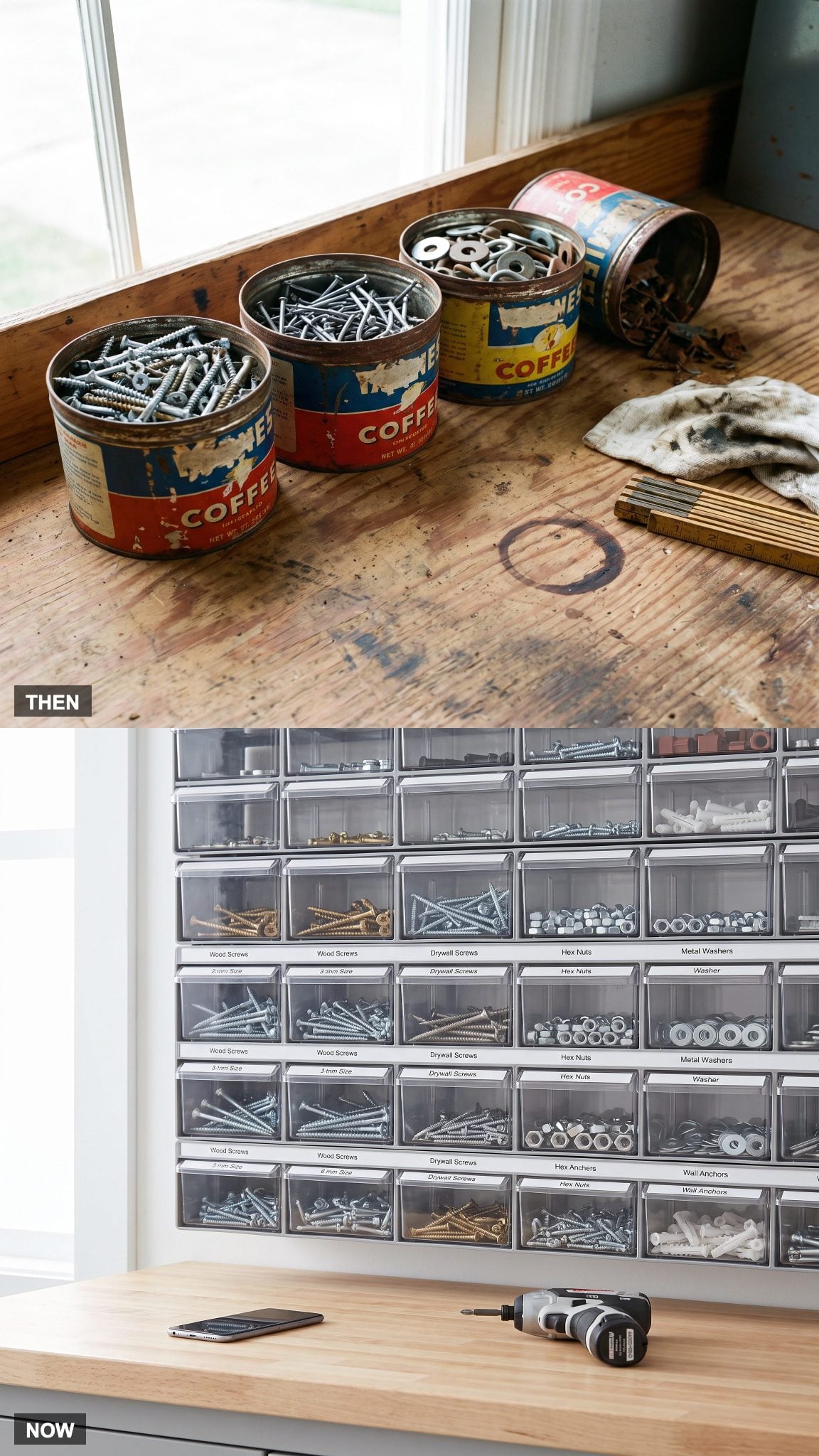 1980: Coffee Cans Full of Nails and Screws → NOW: Labeled Parts Drawers and Organizers