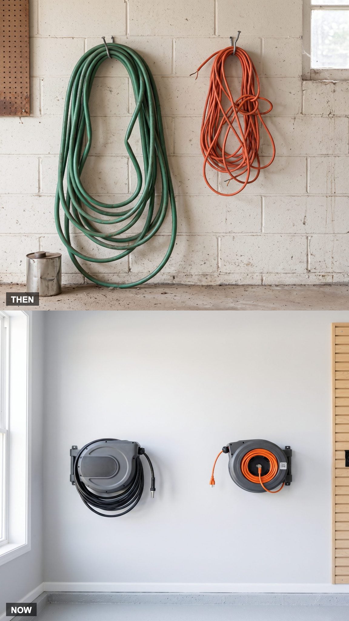 1980: Garden Hose and Extension Cords on Nails → NOW: Retractable Reels