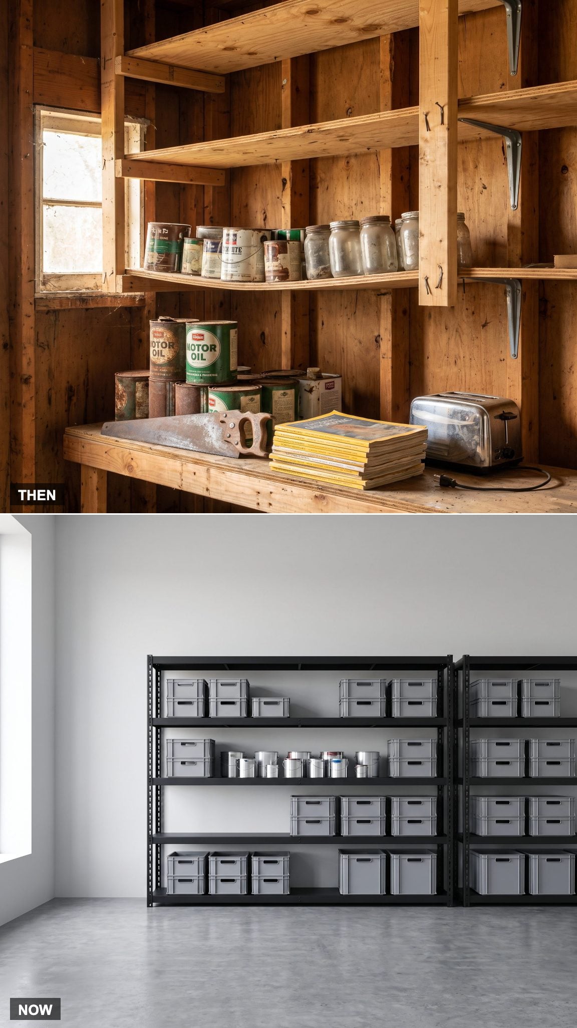 1980: Homemade Wooden Shelves → NOW: Heavy-Duty Adjustable Shelving