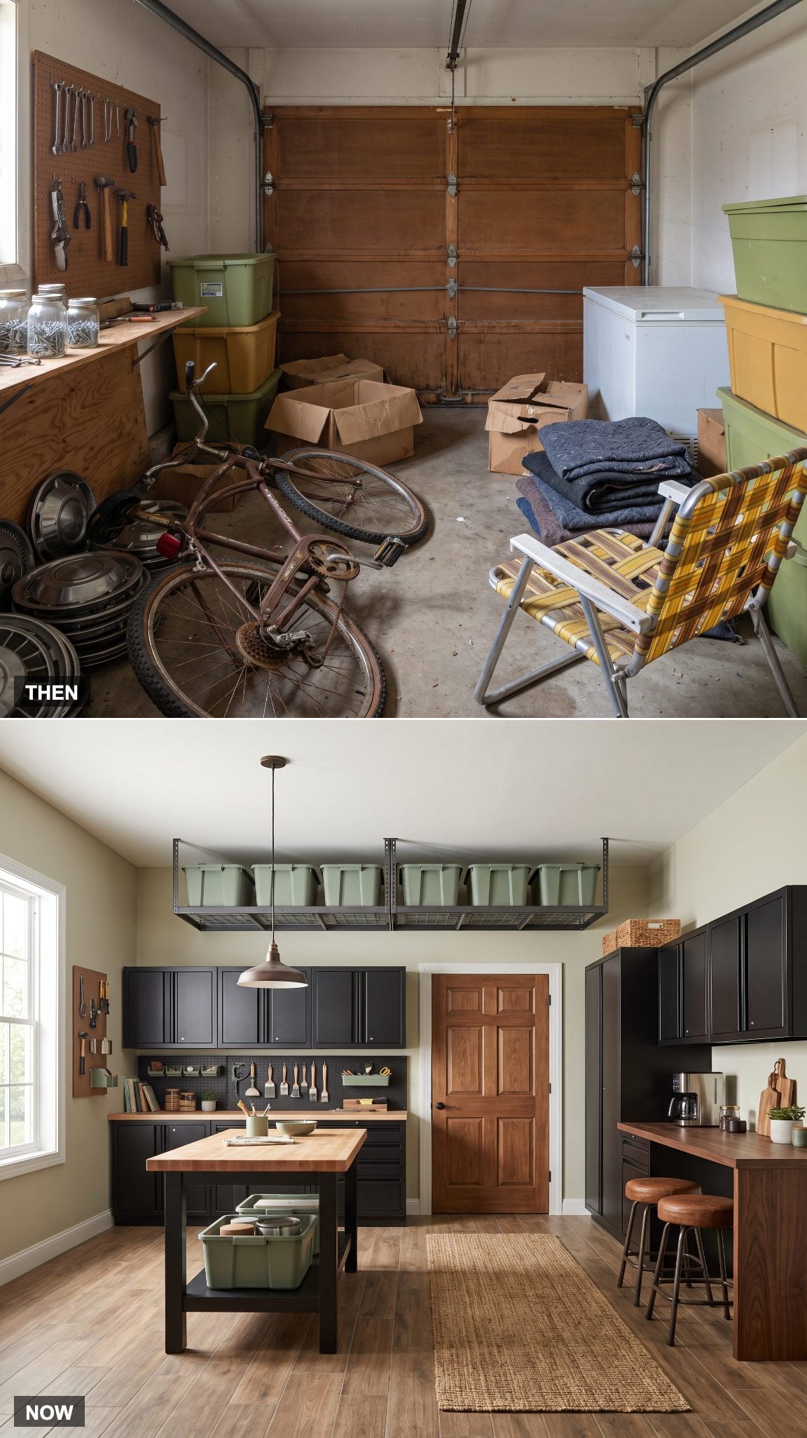 1980: The Household Overflow Nobody Bothered Hiding → NOW: The Garage That Reads Like Another Room