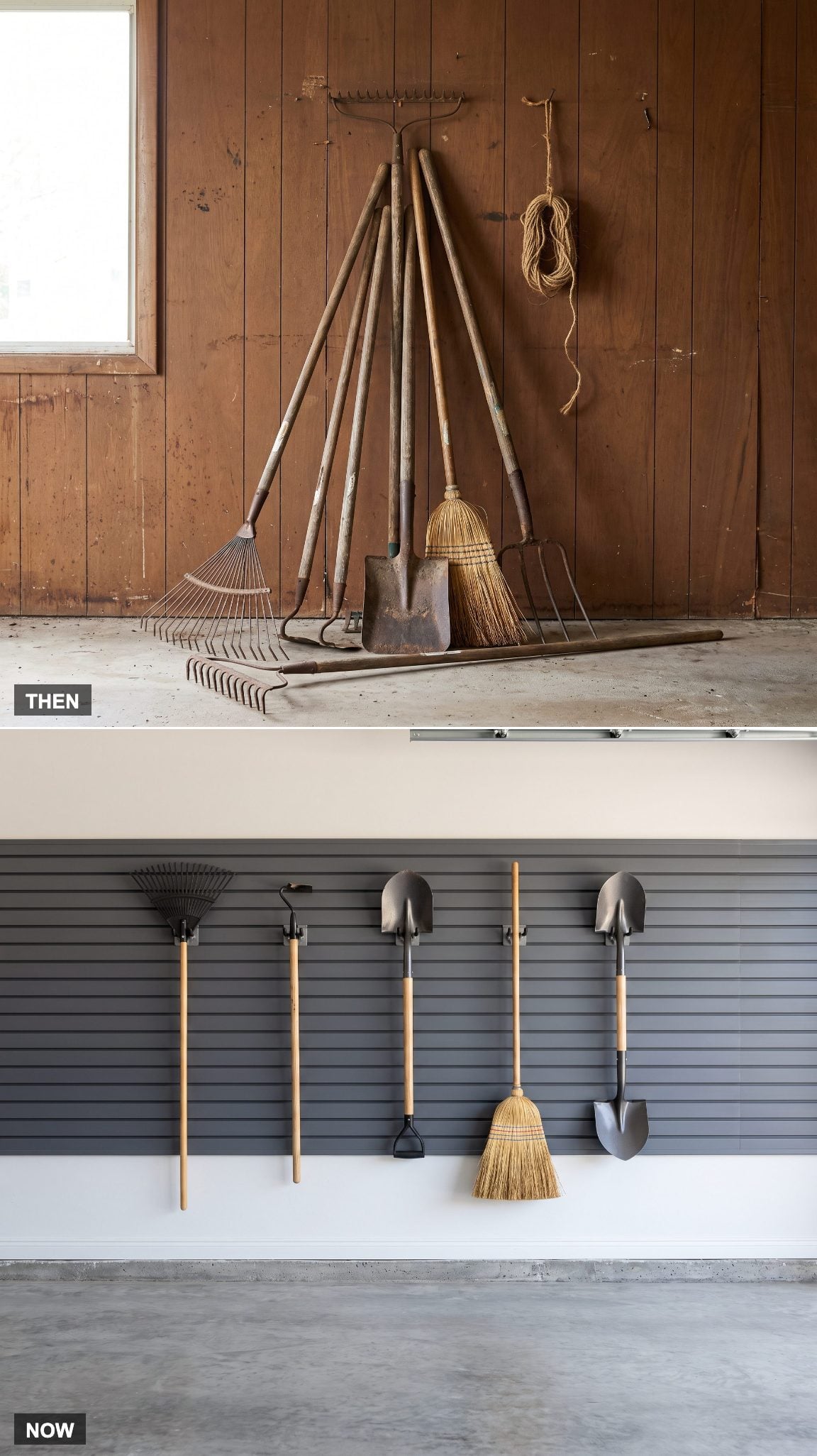 1980: Lawn Tools Leaning Against the Wall → NOW: Wall-Mounted Yard-Tool System