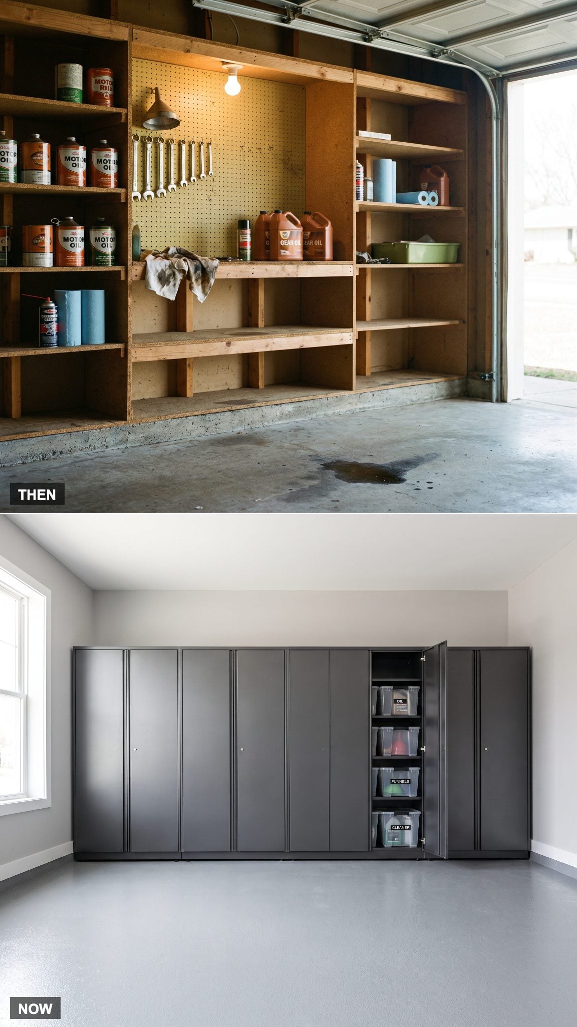 1980: Oil and Funnels on Open Shelves → NOW: The Auto-Maintenance Cabinet