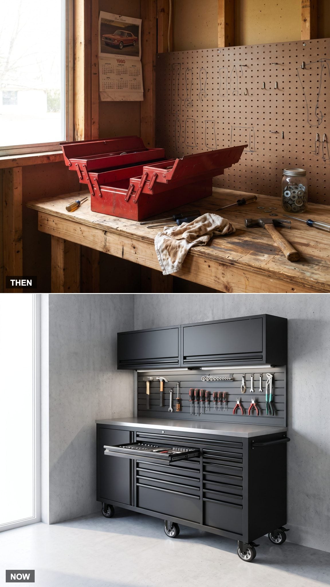 1980: Red Metal Toolbox → NOW: Full Rolling Tool Chest and Workstation