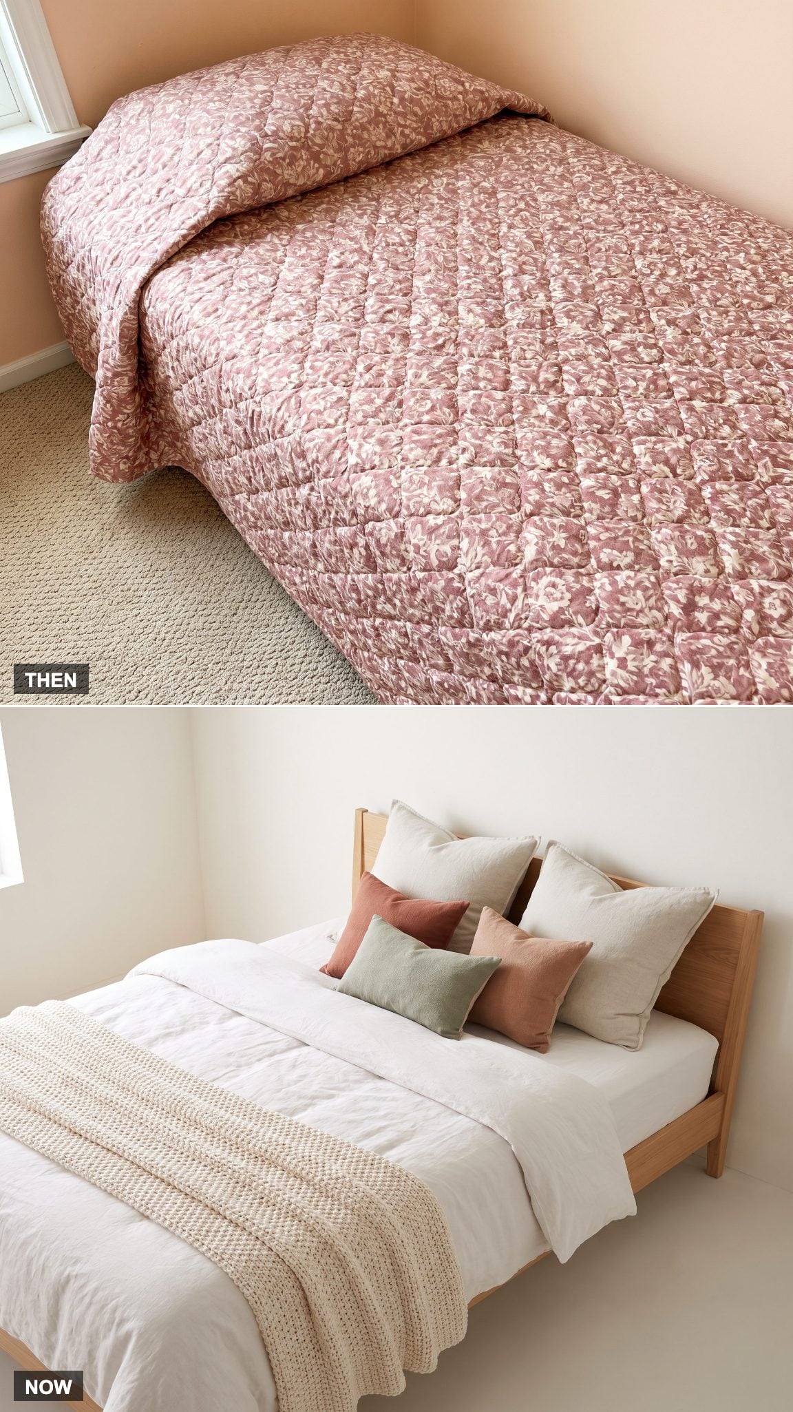 1985: Bedspread Pulled Tight Over the Pillows → NOW: Layered Duvet, Throws, and Cushions