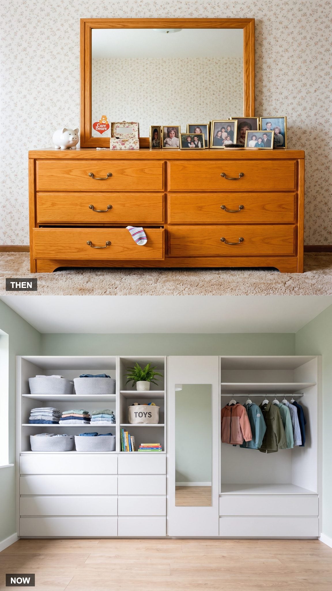1985: Big Wooden Dresser → NOW: Closet Systems and Built-In Storage