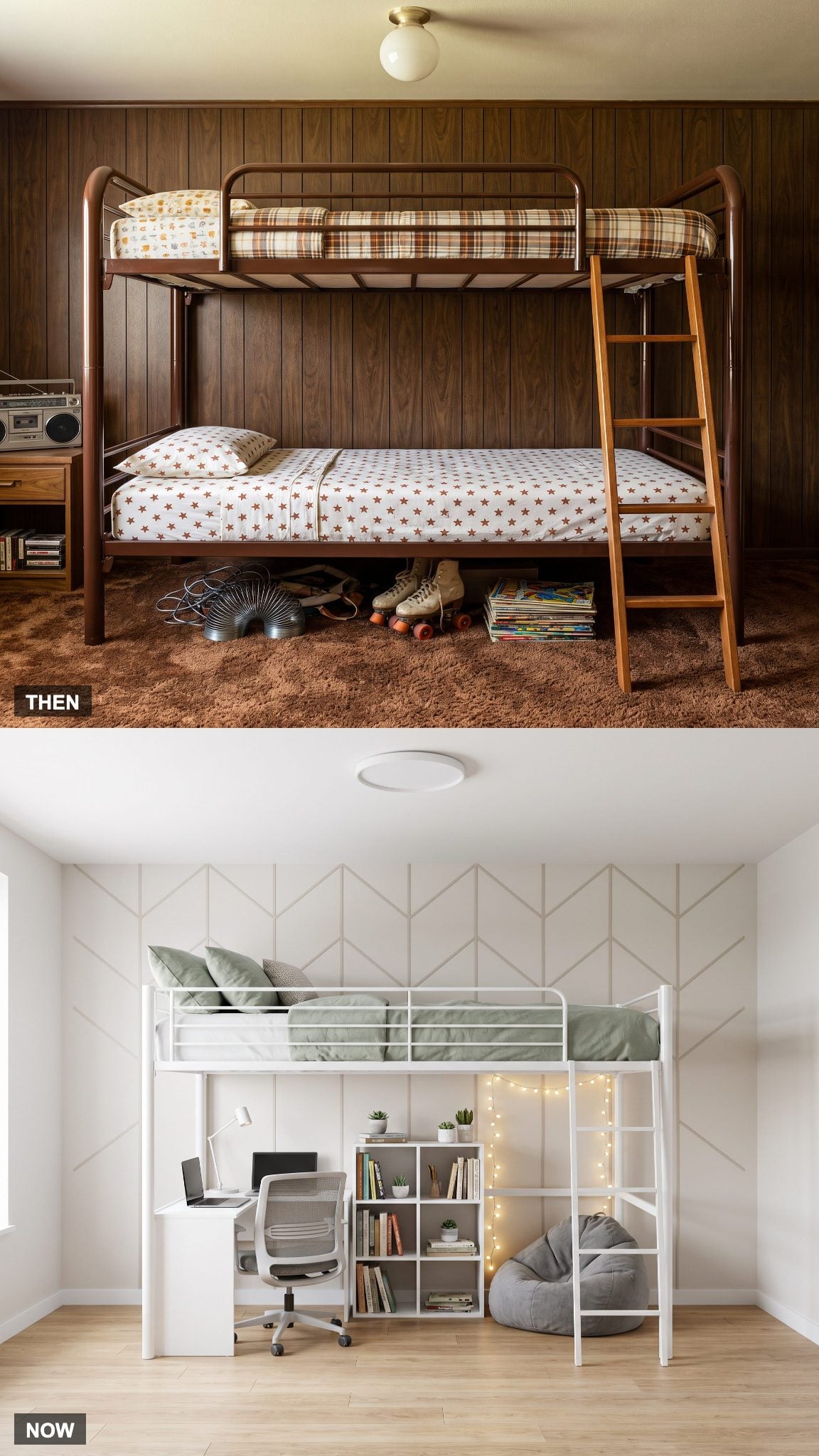 1985: Bunk Beds Built for Siblings → NOW: Loft Beds That Free Up the Floor