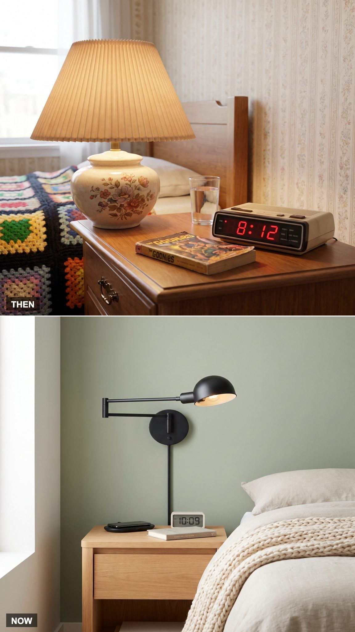 1985: Ceramic or Plastic Bedside Lamp → NOW: Compact Sconce or Integrated Bedside Lighting