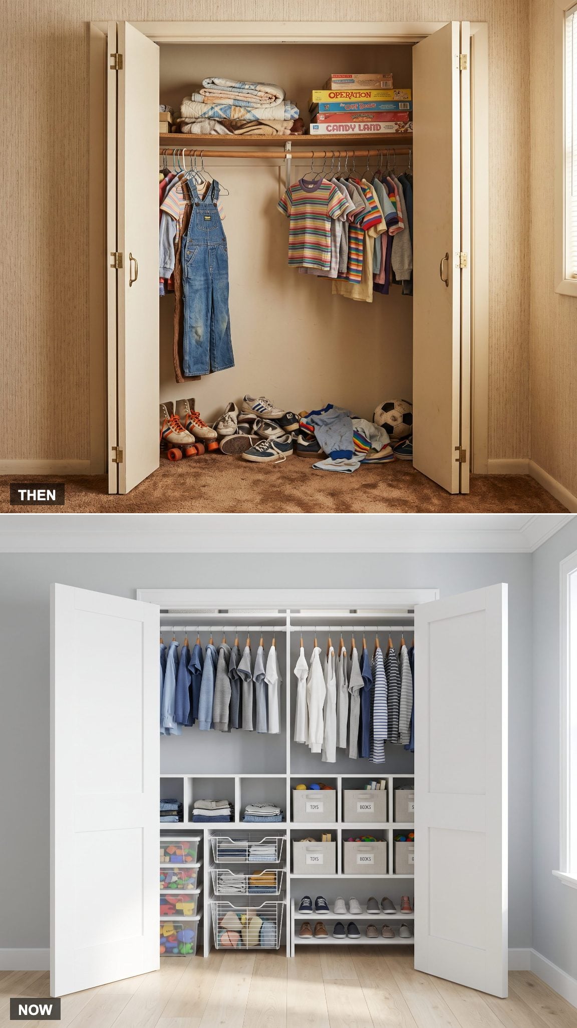 1985: The Closet With One Rod and One Shelf → NOW: Adjustable Modular Organization