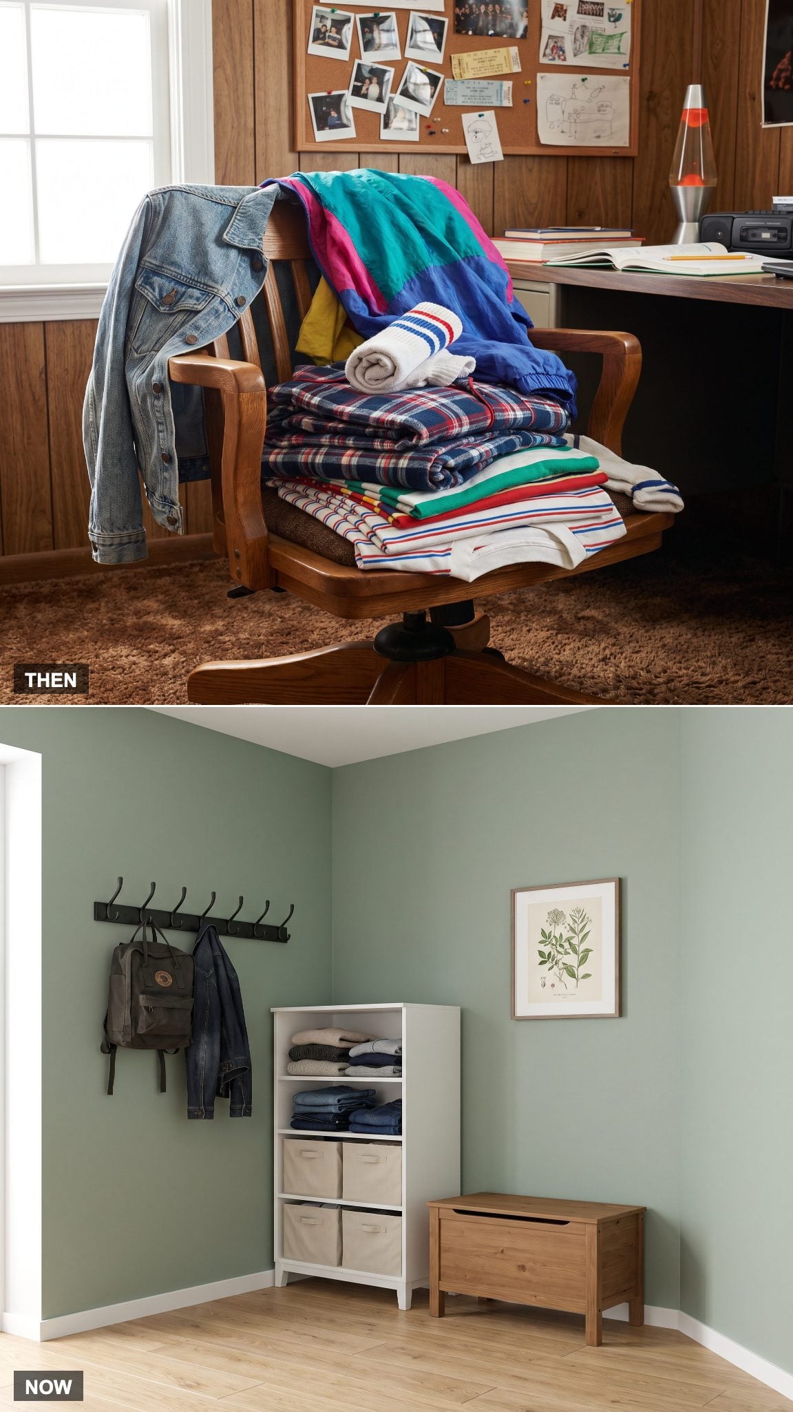 1985: Clothes Draped Over a Chair → NOW: Hooks, Drop Zones, and Open Storage
