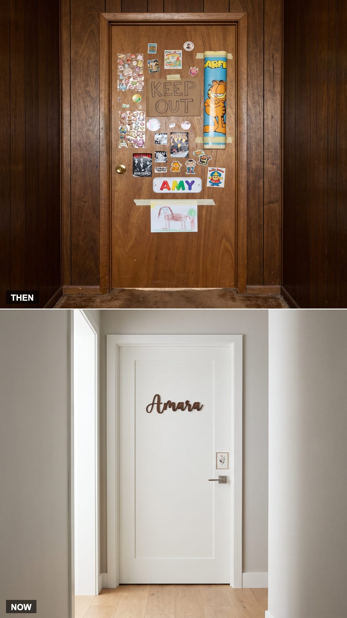 1985: A Door Plastered in Stickers and KEEP OUT Signs → NOW: Custom Name Signs and Designed Décor