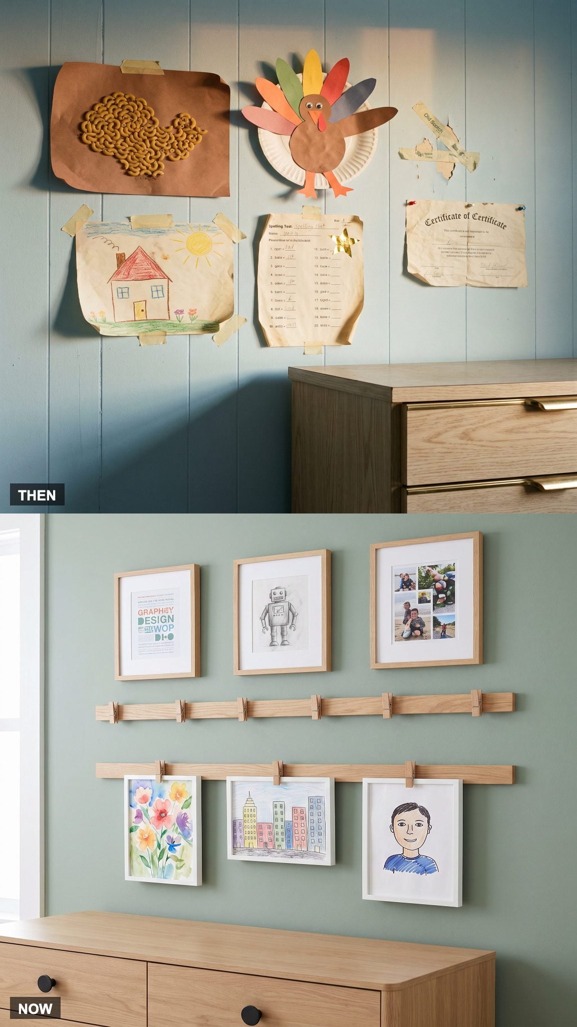1985: Handmade School Art Everywhere → NOW: Dedicated Children's Art Display