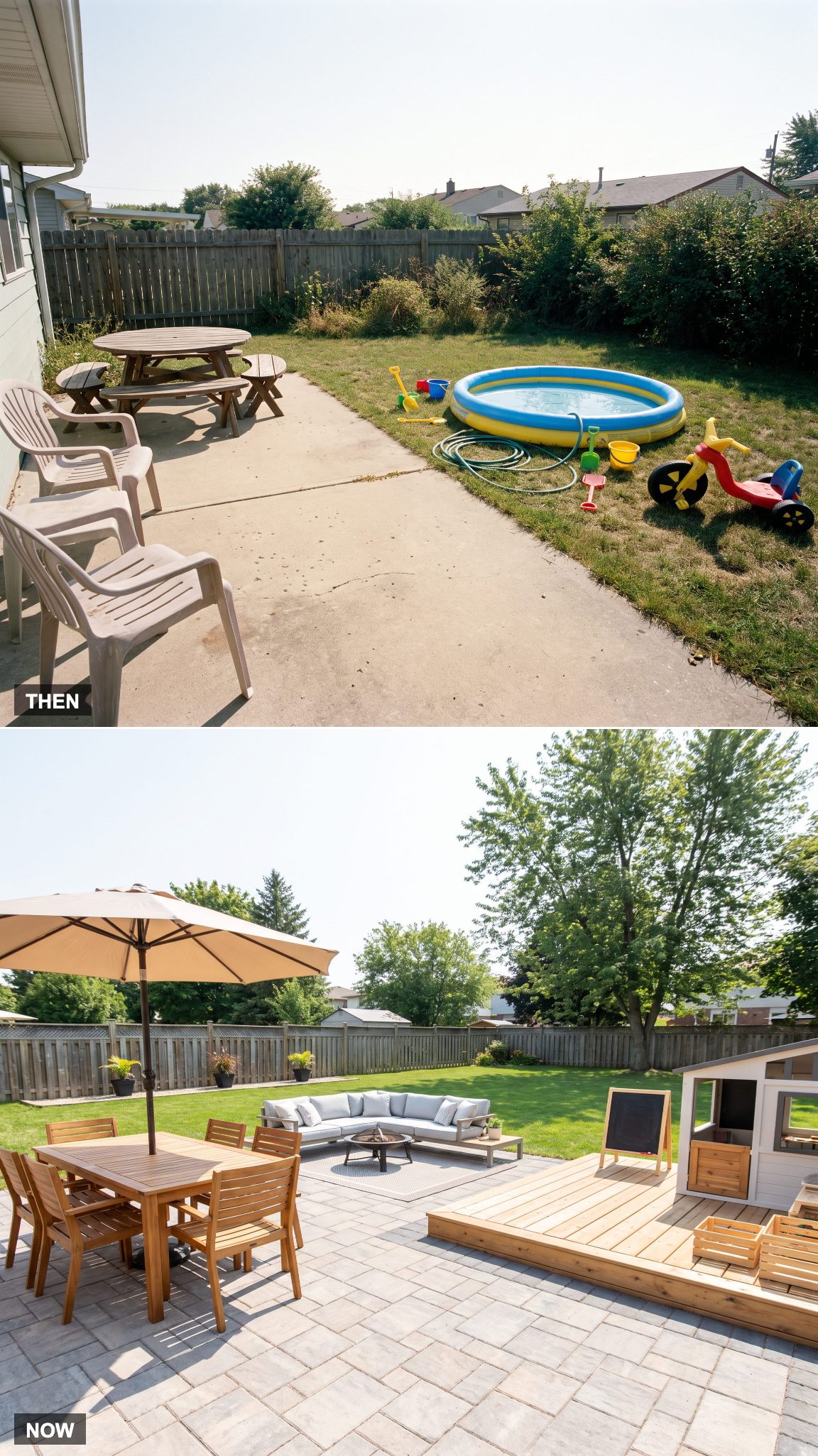 1975 kiddie pool and lawn toys transformed into a patio designed around multiple family uses