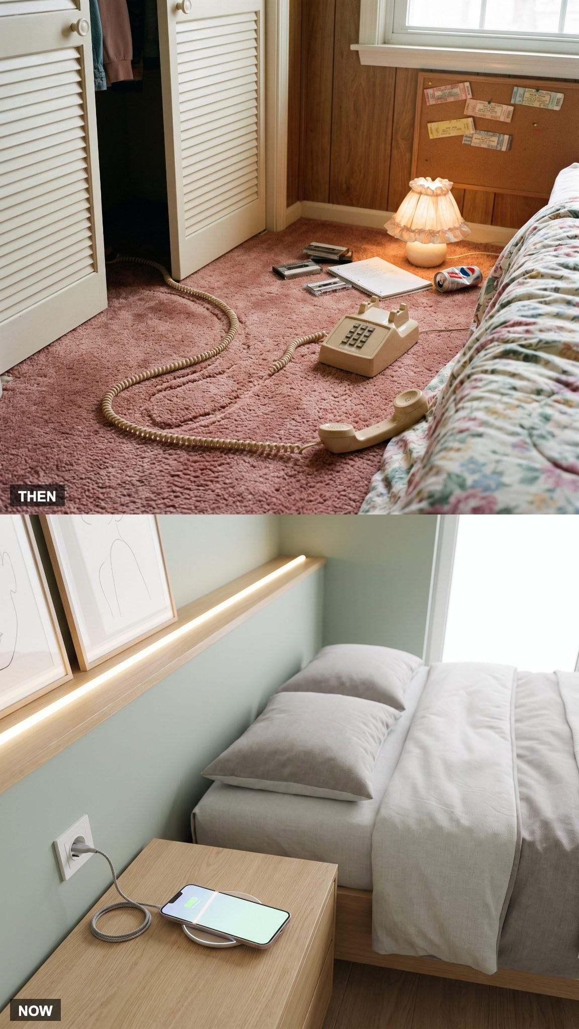 1985: The Landline Extension Was a Teenage Trophy → NOW: A Phone Charging Beside the Pillow
