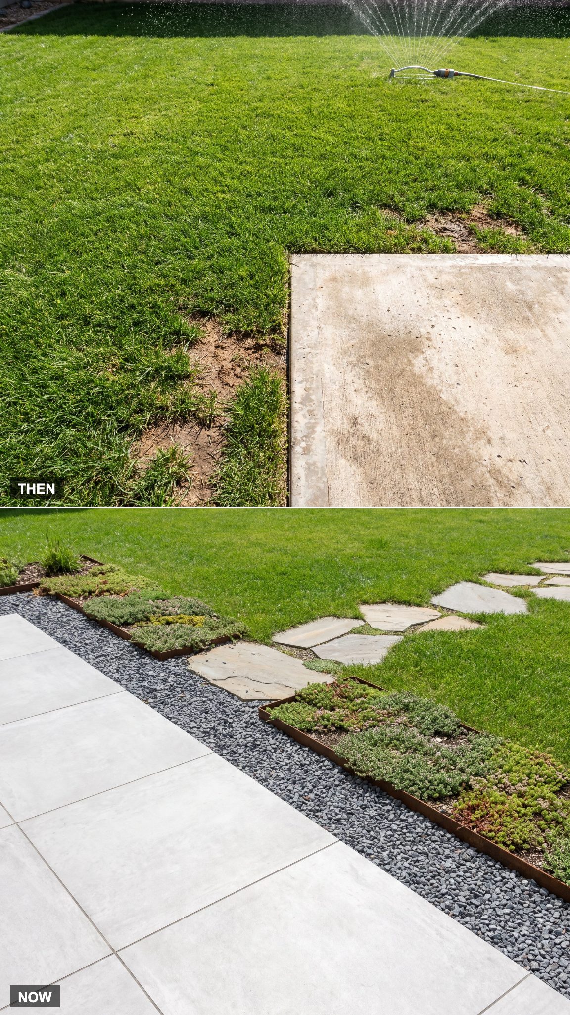 1975 lawn edge transformed into a designed patio-to-landscape transition