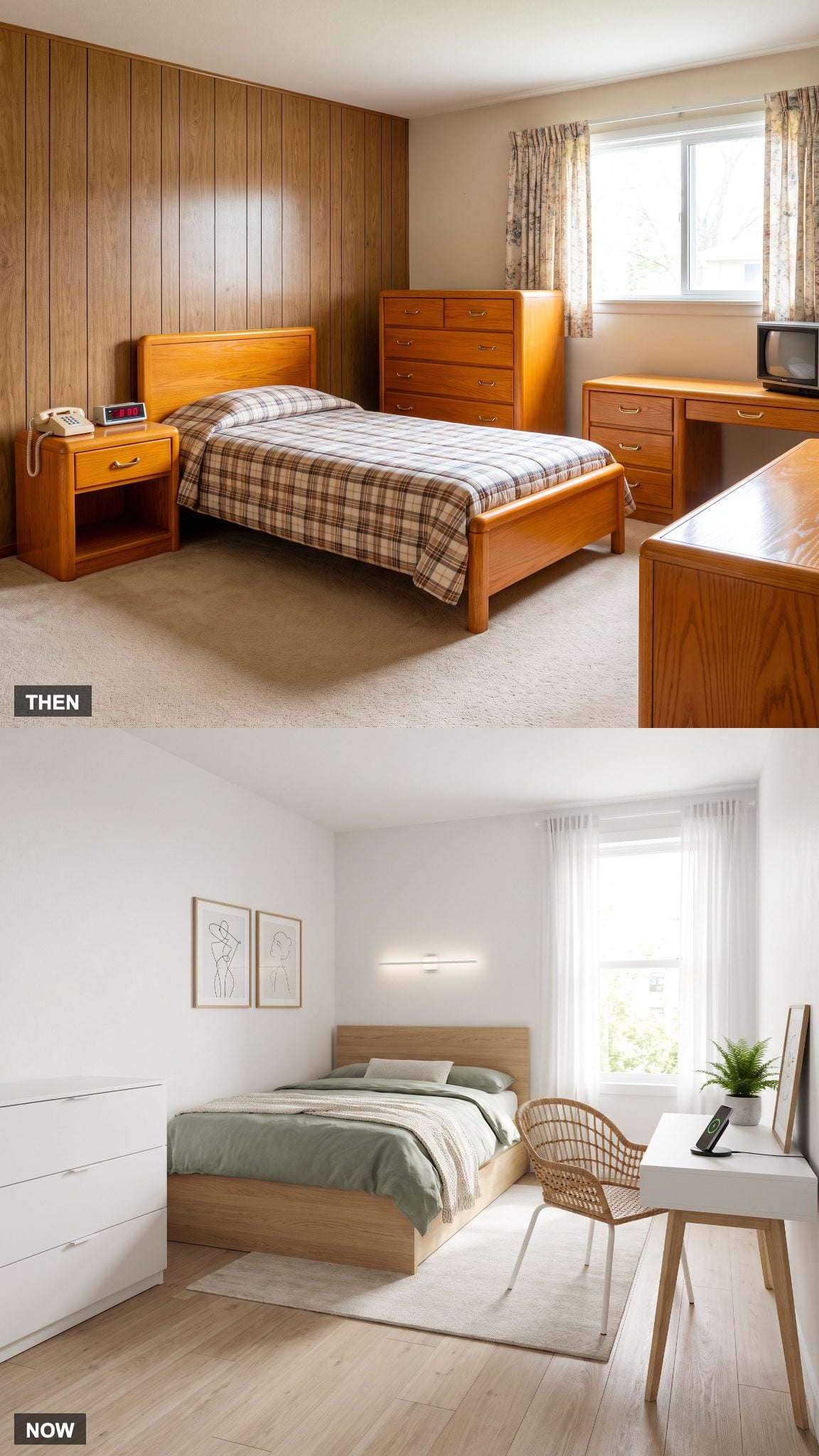 1985: The Matching Wood Bedroom Set → NOW: Mixed, Lighter, Modular Pieces