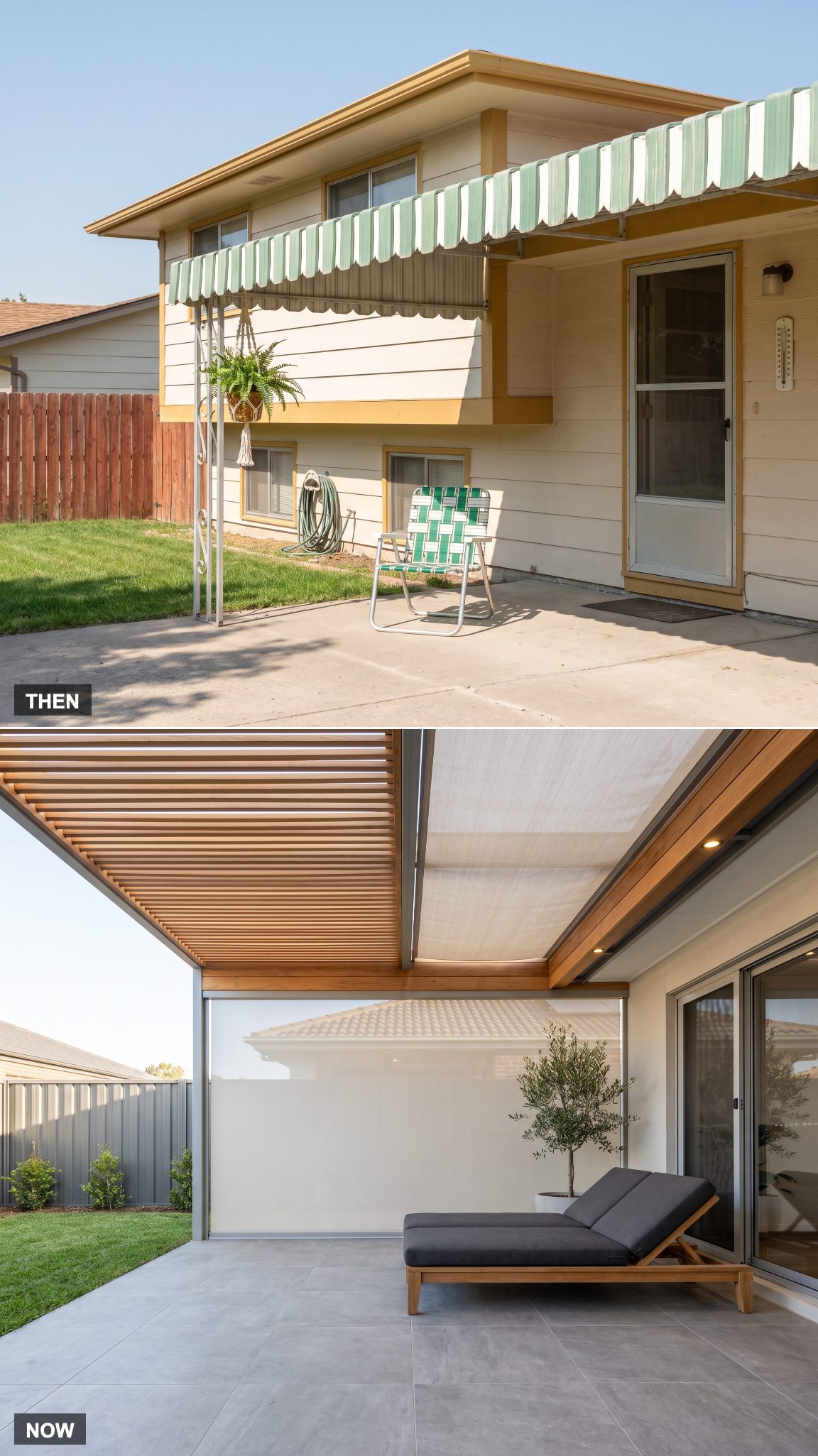1975 metal patio awning transformed into a pergola or architectural shade structure