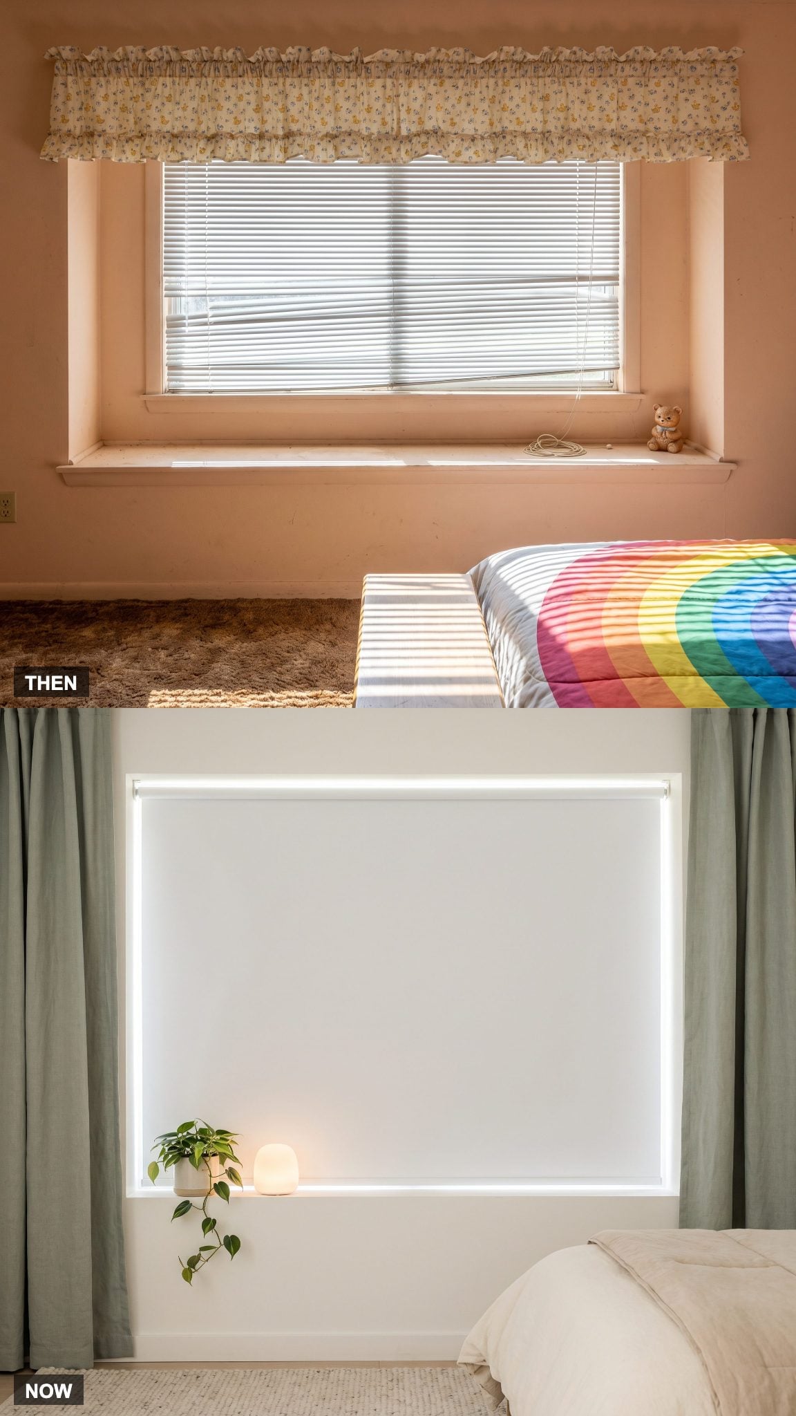 1985: Mini Blinds With Ruffled Curtains → NOW: Blackout Shades and Clean Window Treatments
