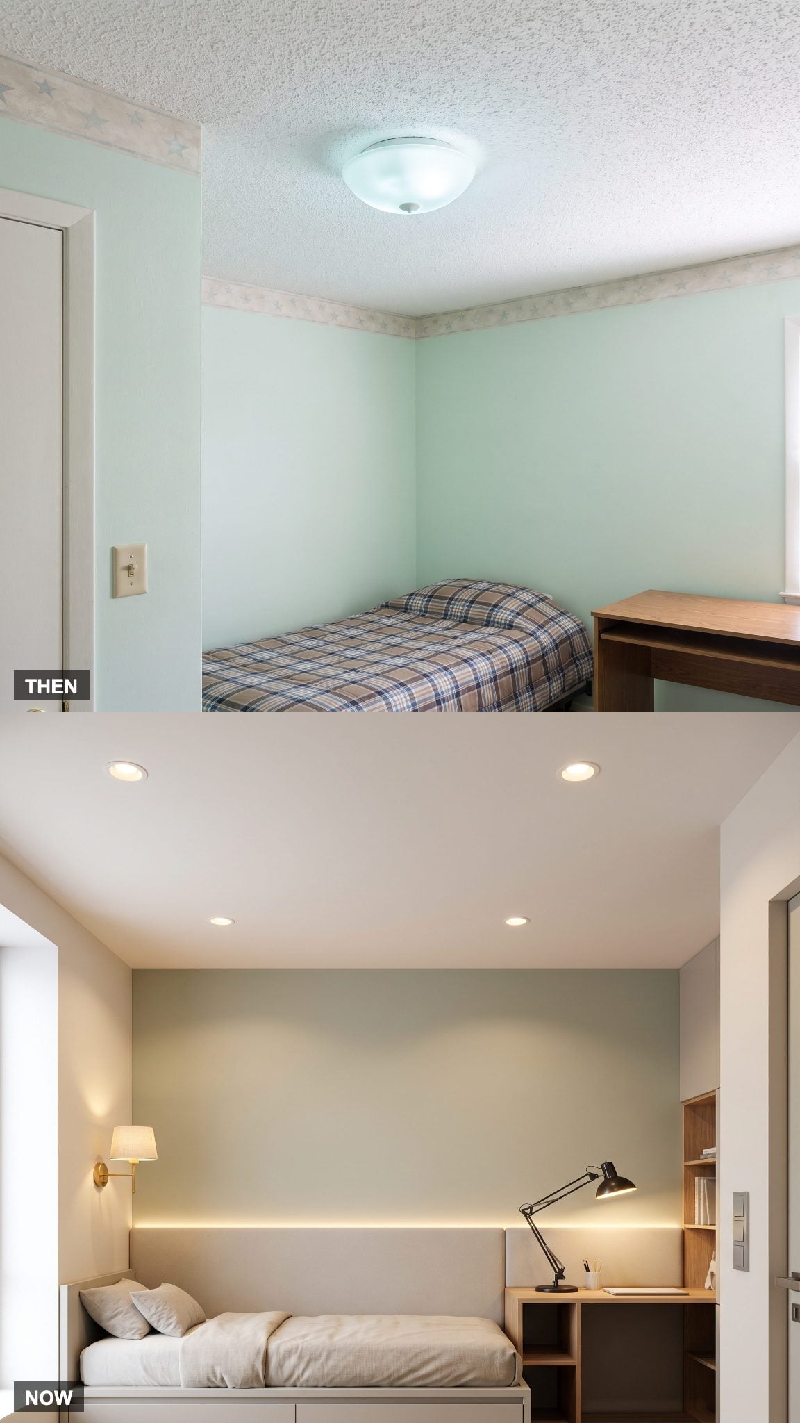 1985: One Ceiling Fixture → NOW: Layered Ceiling, Bedside, Task, and Accent Lighting