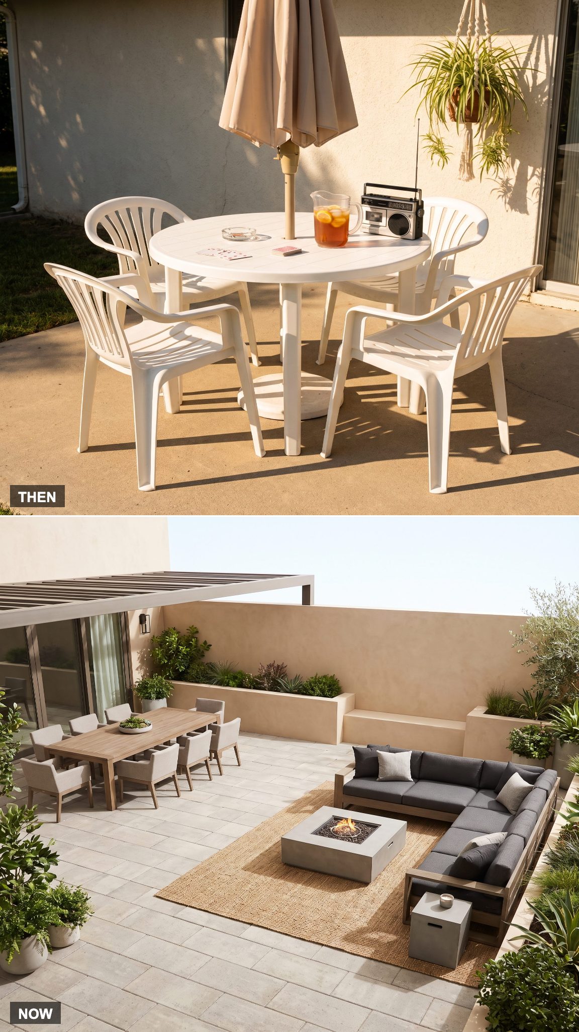 1975 single patio table transformed into separate dining and lounge areas