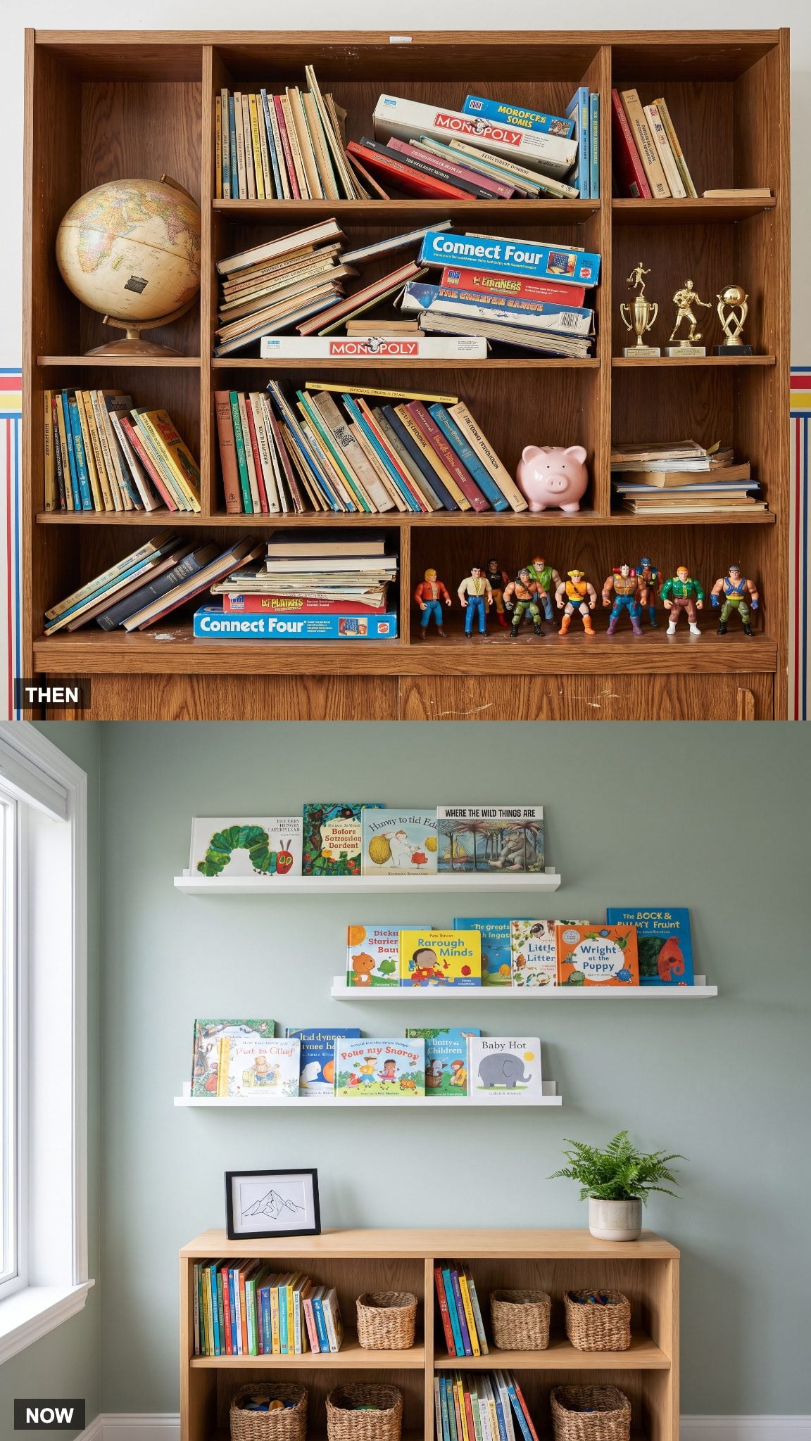1985: Open Bookshelf Packed With Everything → NOW: Display Ledges and Purpose-Built Book Storage