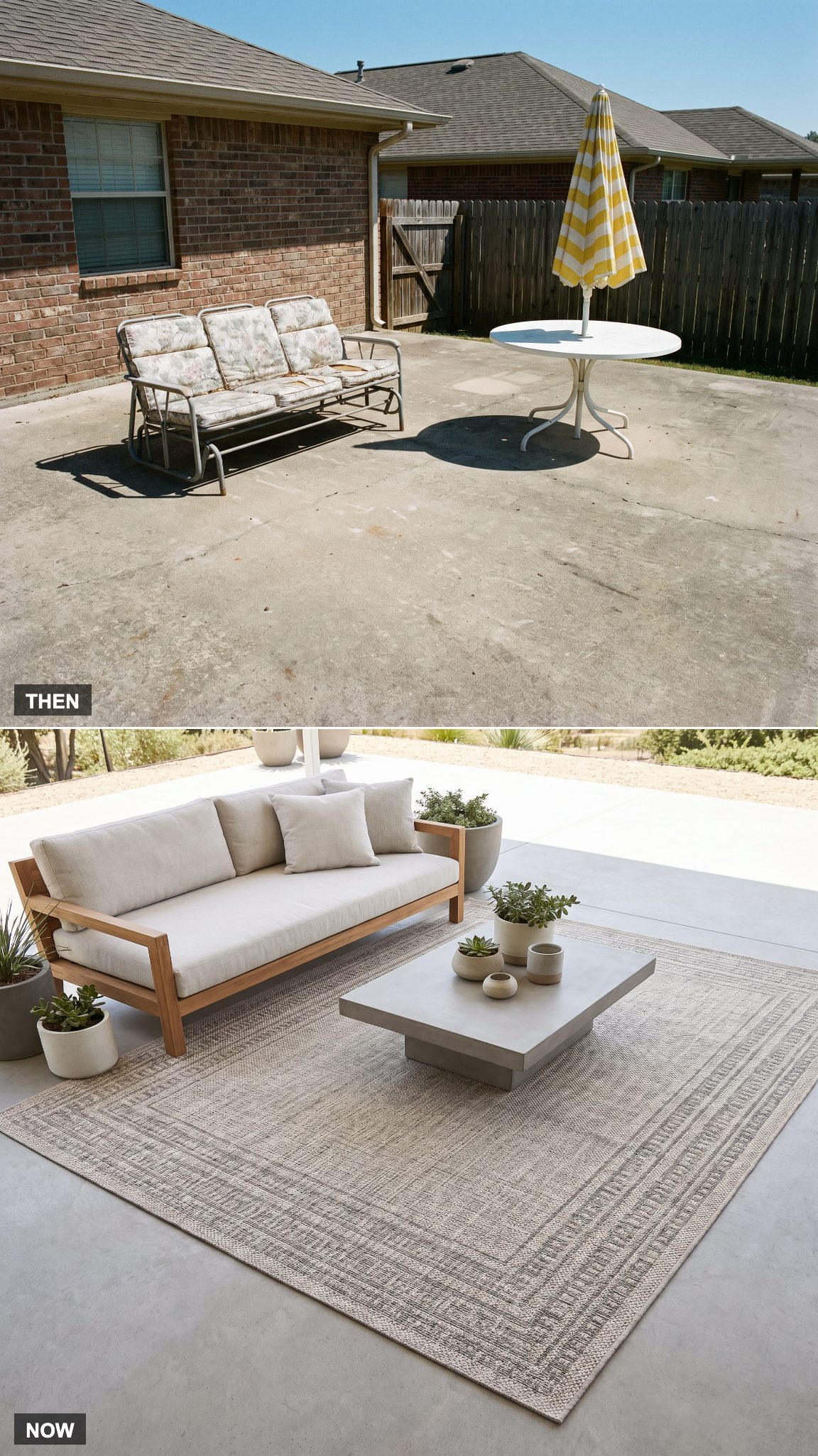 1975 bare patio transformed with an outdoor rug defining the seating area