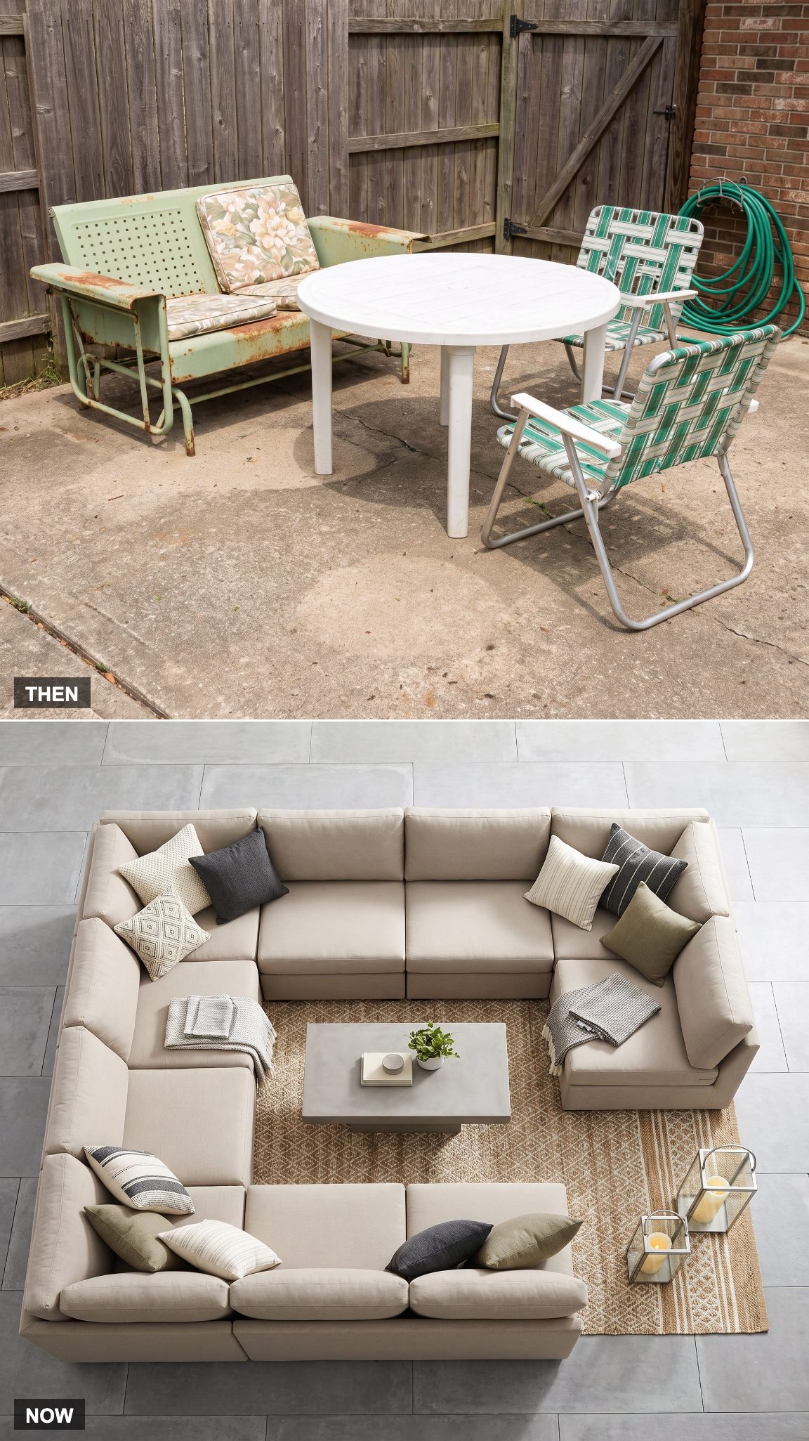 1975 mixed surviving patio furniture transformed into a deliberately styled outdoor room