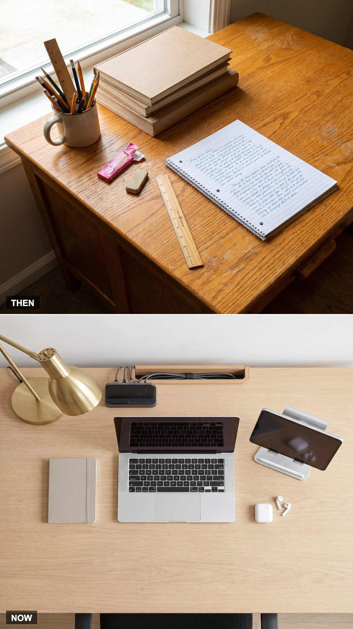 1985: Pencil Cup and Schoolbooks → NOW: Laptop, Tablet, and a War Against Cables