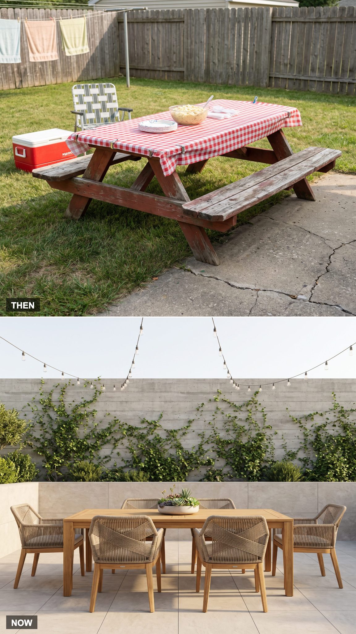 1975 picnic table transformed into a dedicated outdoor dining zone