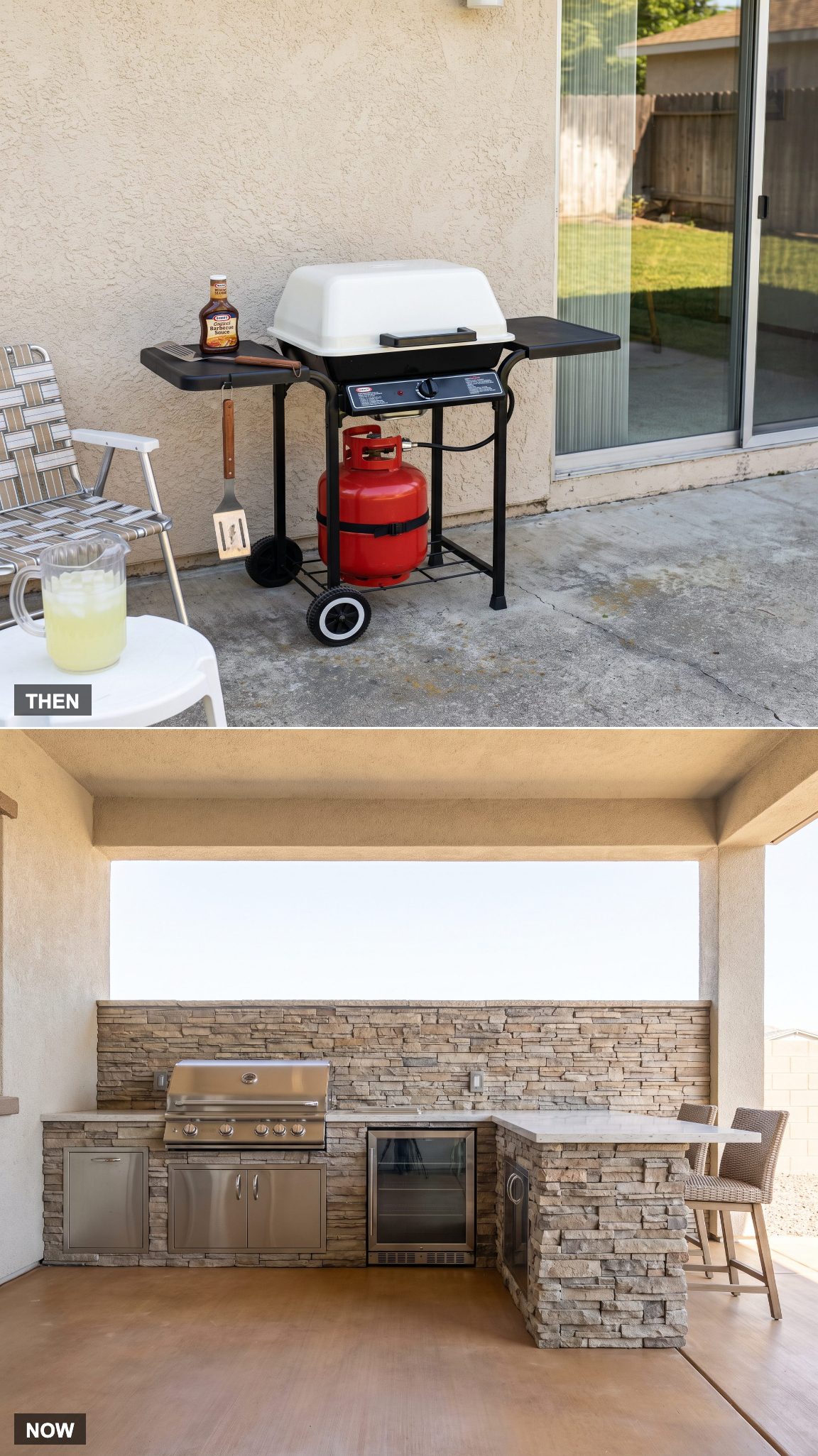 1975 portable gas grill transformed into a built-in grill and outdoor kitchen