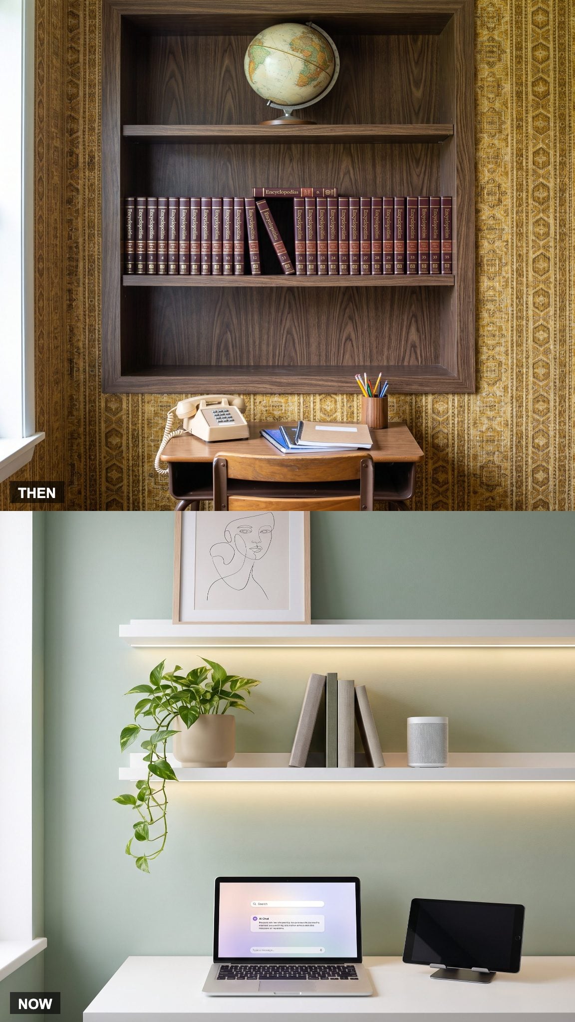 1985: A Shelf of Printed Encyclopedias → NOW: Homework Answered by a Search Bar