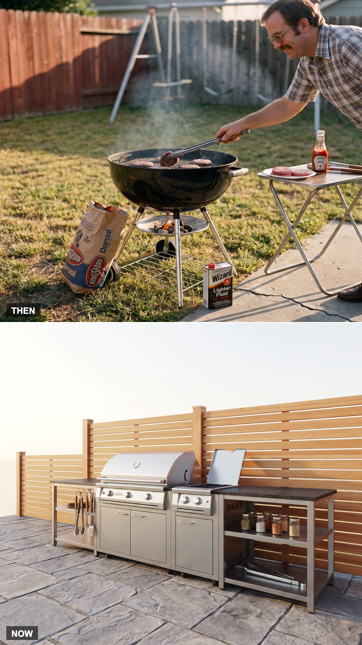 1975 charcoal kettle grill transformed into a full outdoor cooking station