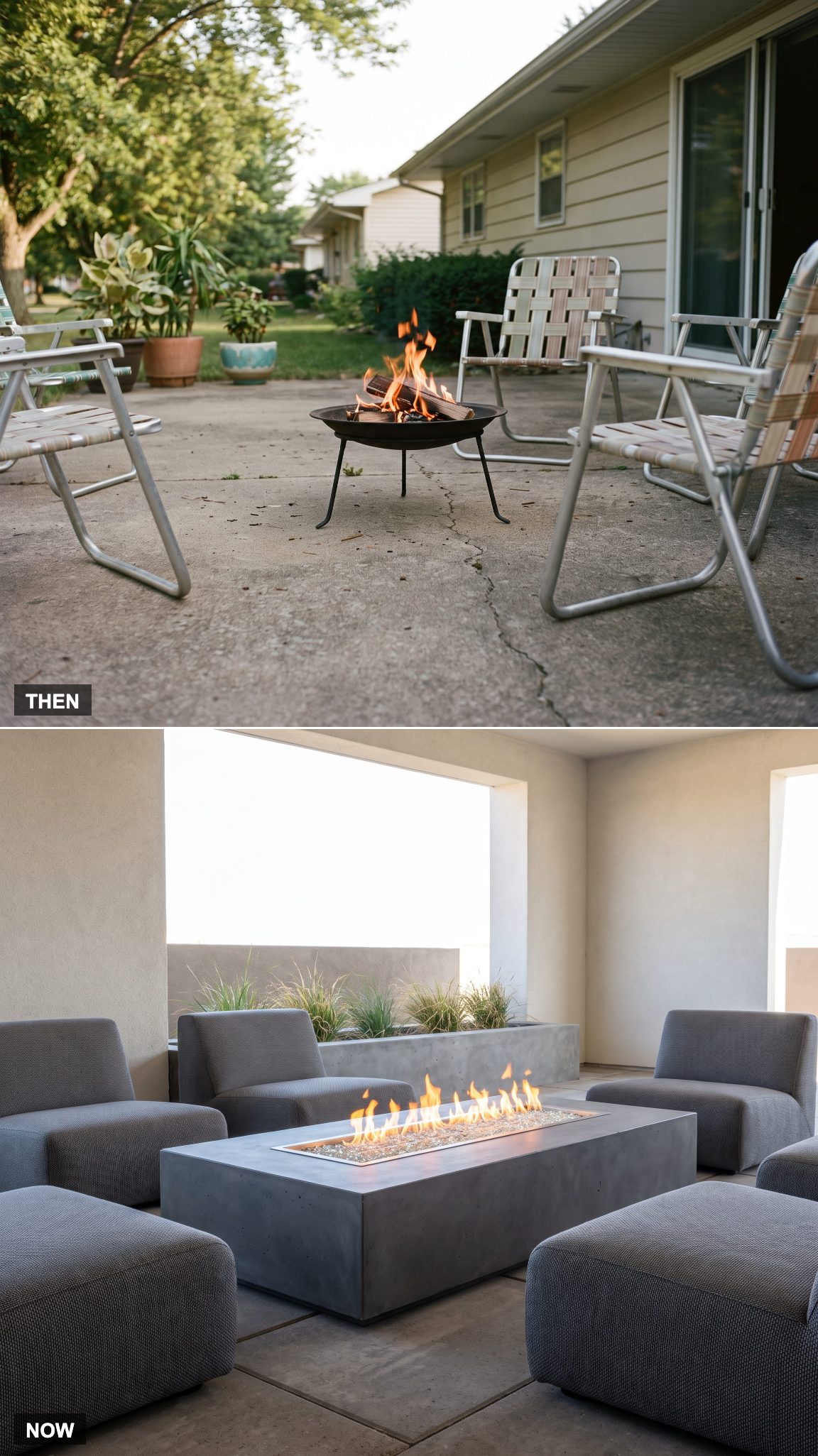 1975 portable brazier transformed into a built-in fire pit or fire table