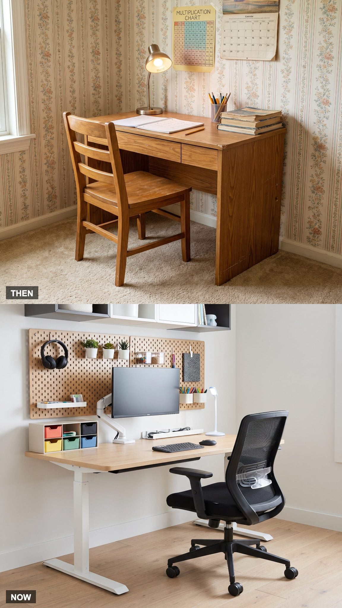 1985: A Small Wooden Homework Desk → NOW: The Ergonomic Study and Computer Station