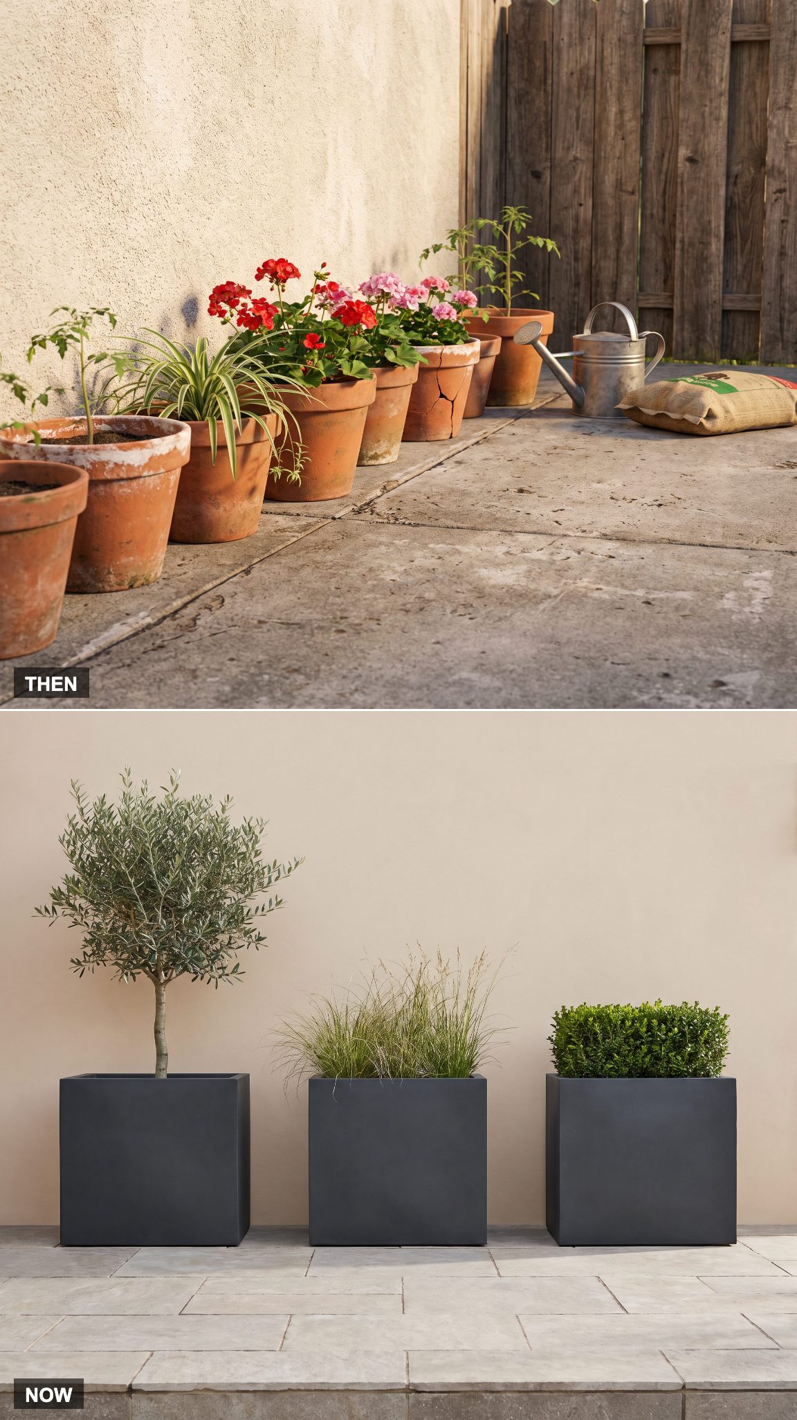 1975 terra-cotta pots transformed into oversized architectural planters
